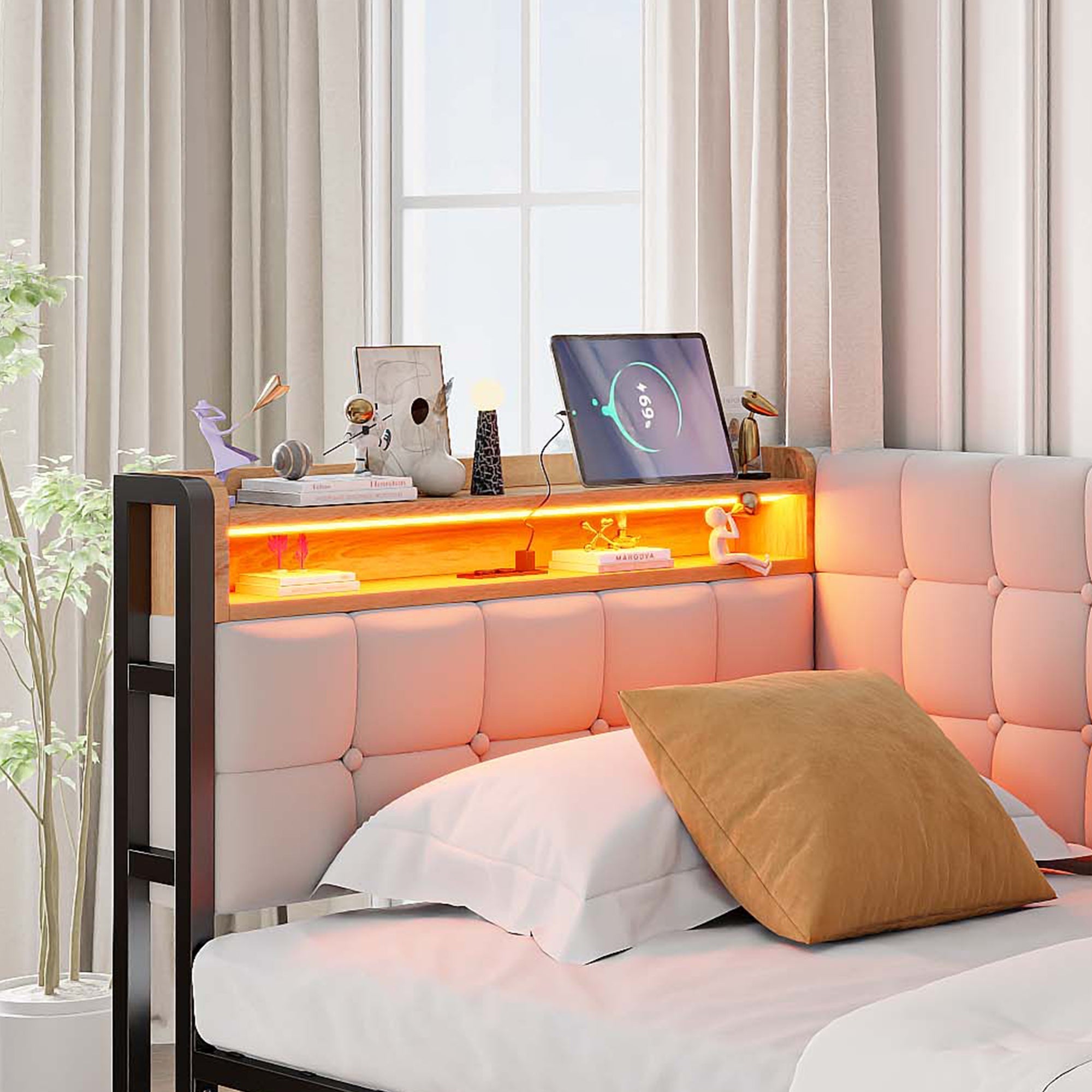 Upholstered Sofa Bed 90x200, 2 Drawers, LED Lamp, USB/Type-C Port, Beige