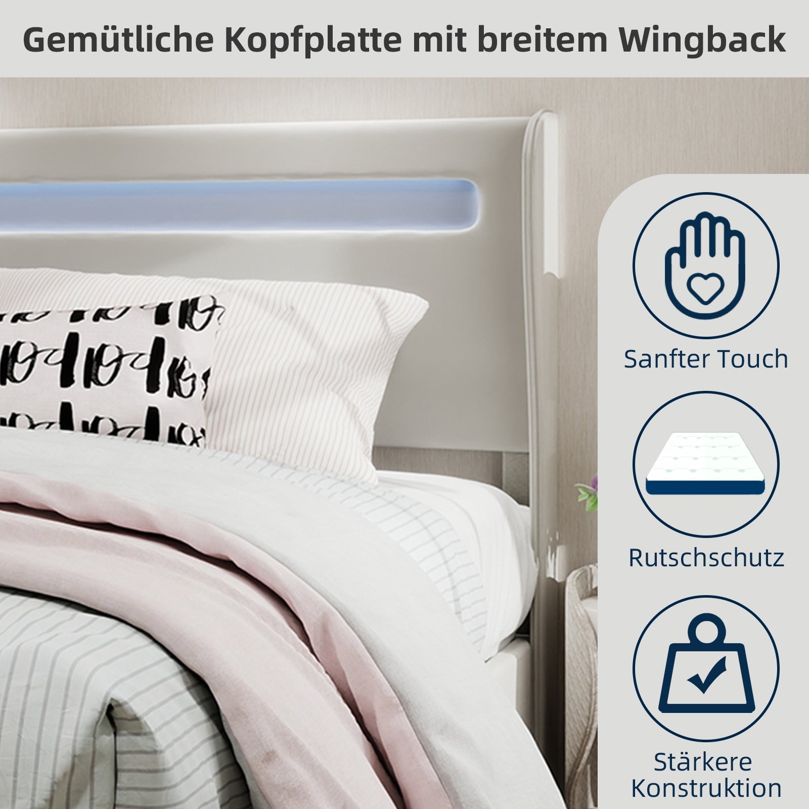 Upholstered Bed, Modern Minimalist LED-backlit Headboard, 160x200 cm, Beige