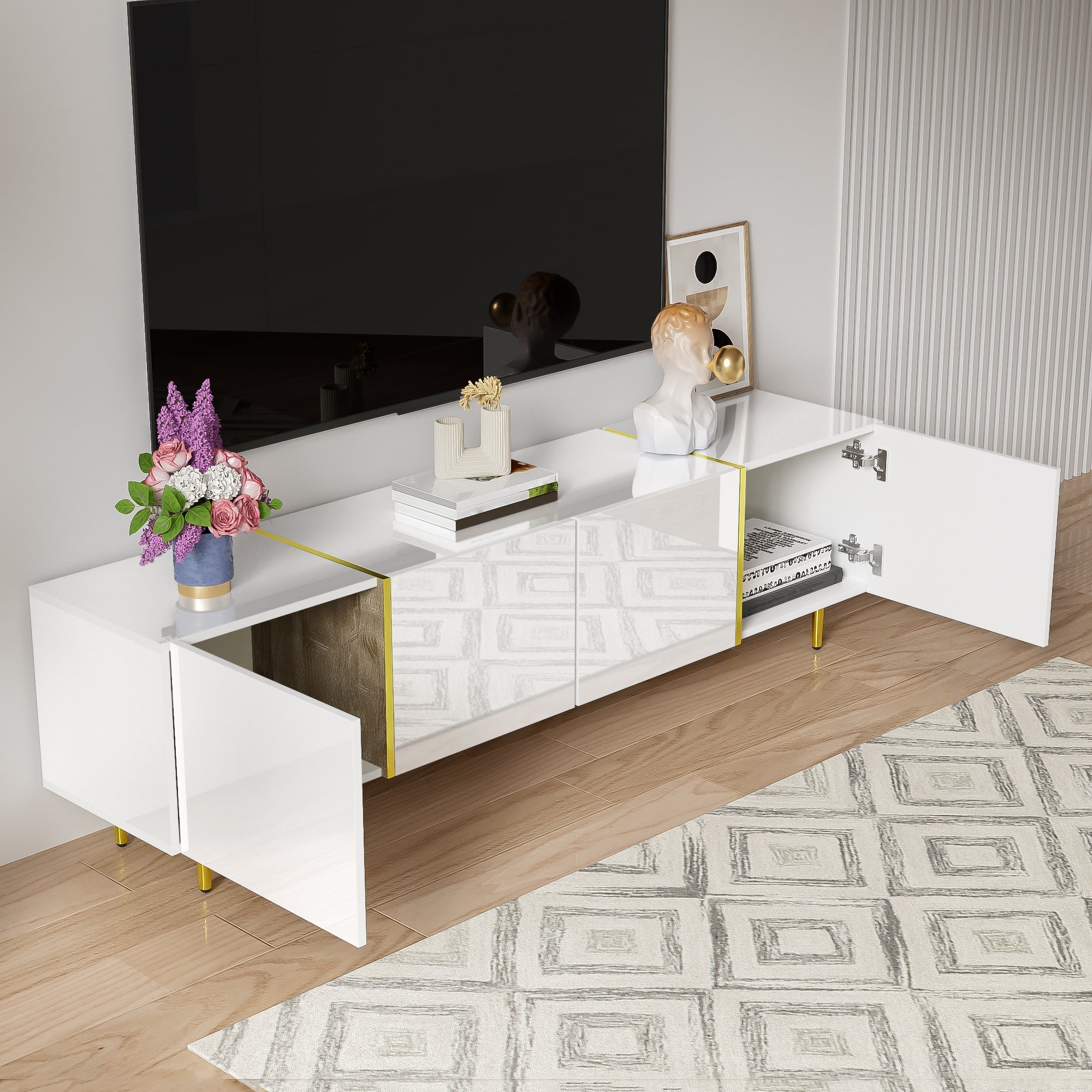 TV cabinet, four doors, modern, white