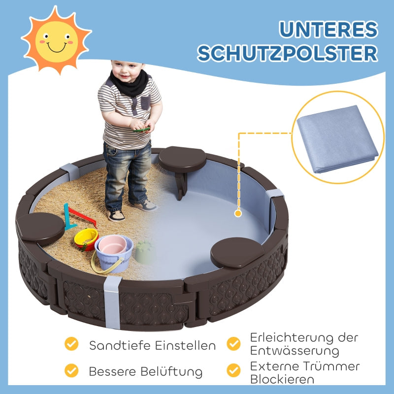 AIYAPLAY Sandpit Sandbox with 3 seats, waterproof base, weather-resistant protective cover, for 1.5-5 year old children, dark brown