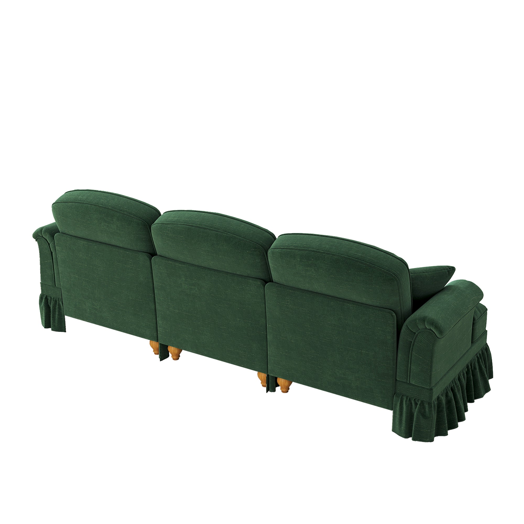 3-Seater Sofa Mid-Century Chenille Ruffled Apron Spindle Legs - Green