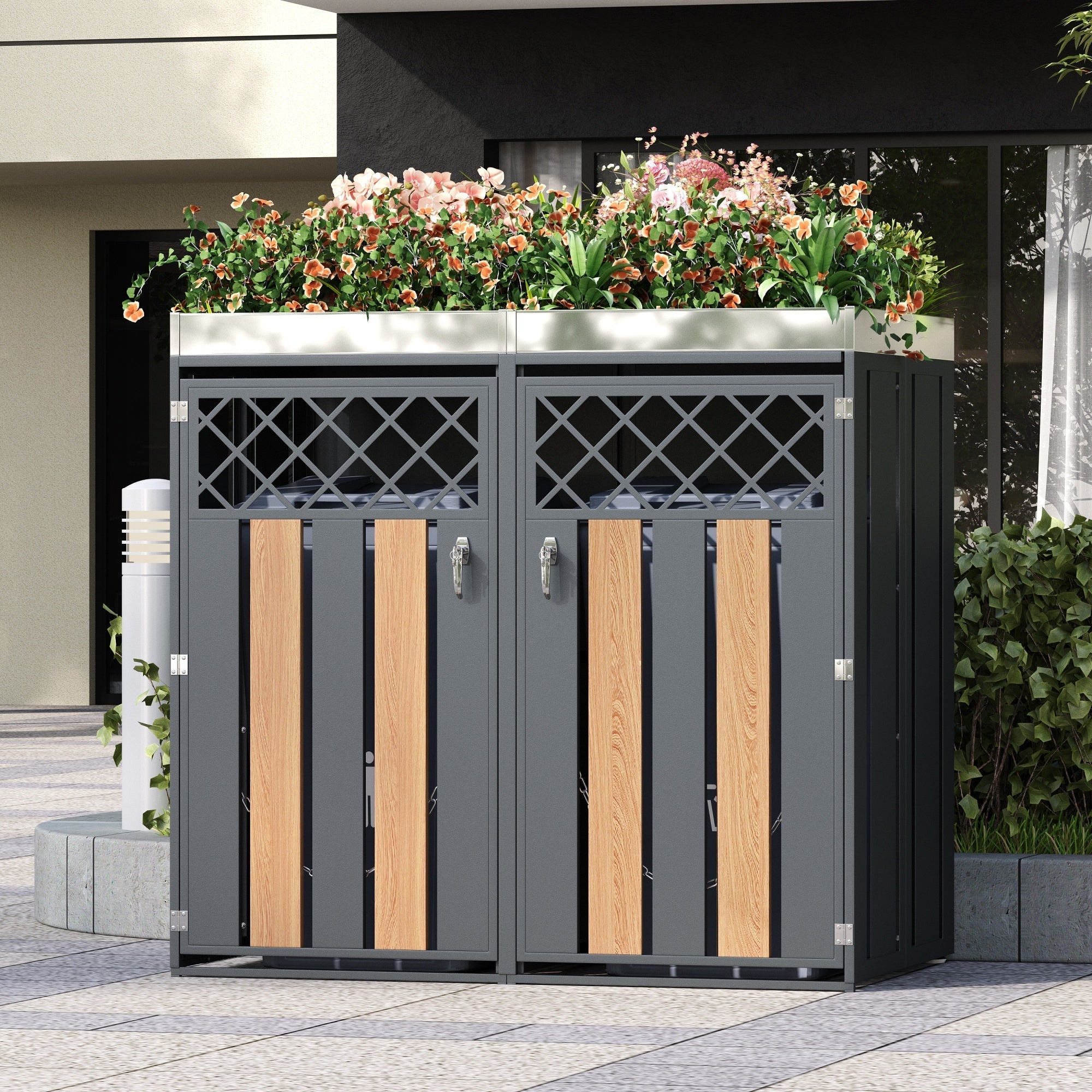 Garbage Can Enclosure with Diamond Ventilation and Planting Area, Lockable 2-Door, Steel