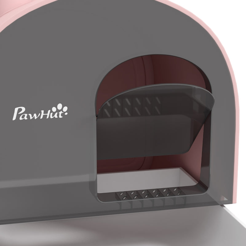 Cat Litter Box, Lid, Scoop, Dirt Trap Mat, Plastic, Pink/Black