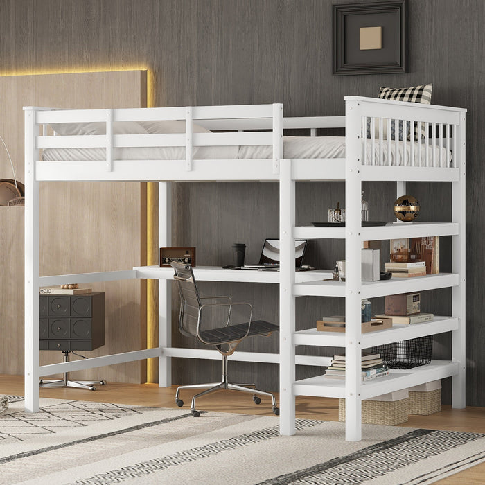 Loft Bed 140x200cm with Storage and Under-bed Desk - White