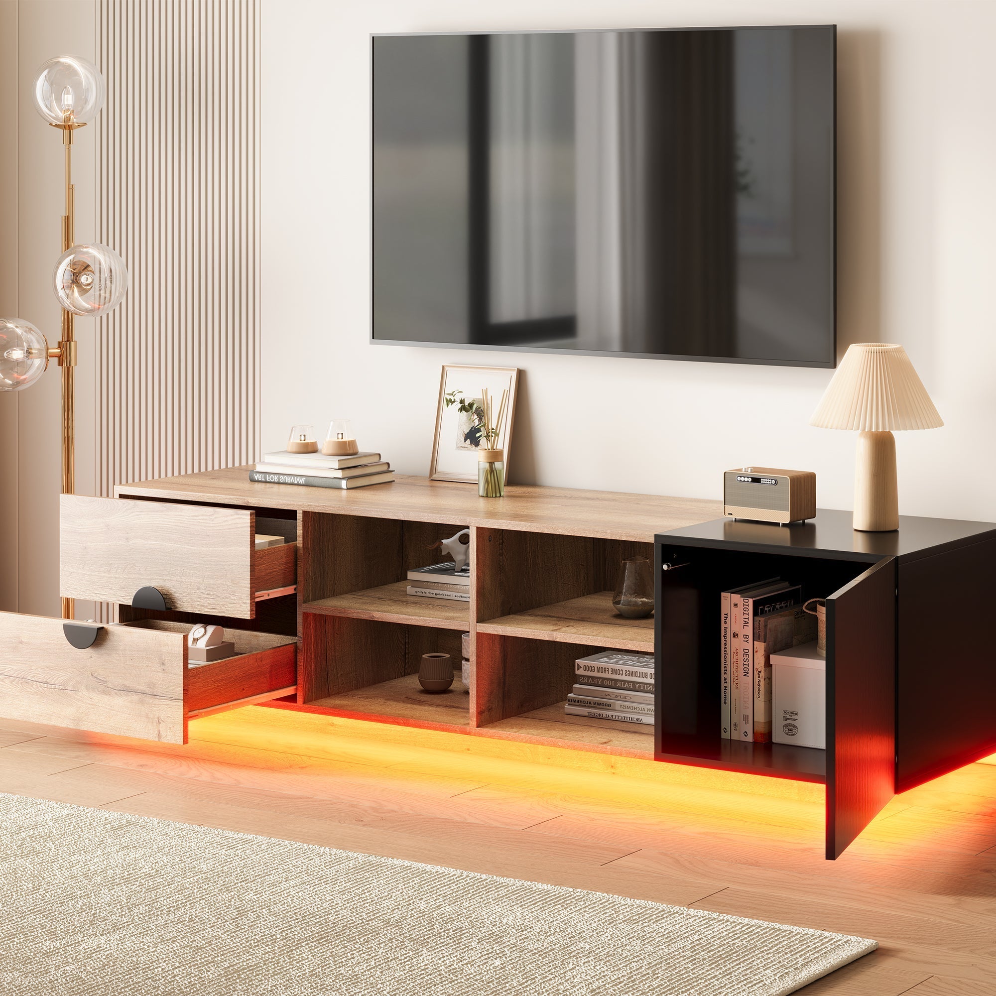 TV Cabinet with Drawer, Open Compartment and LED Lighting, Wood and Black Wood Contrast