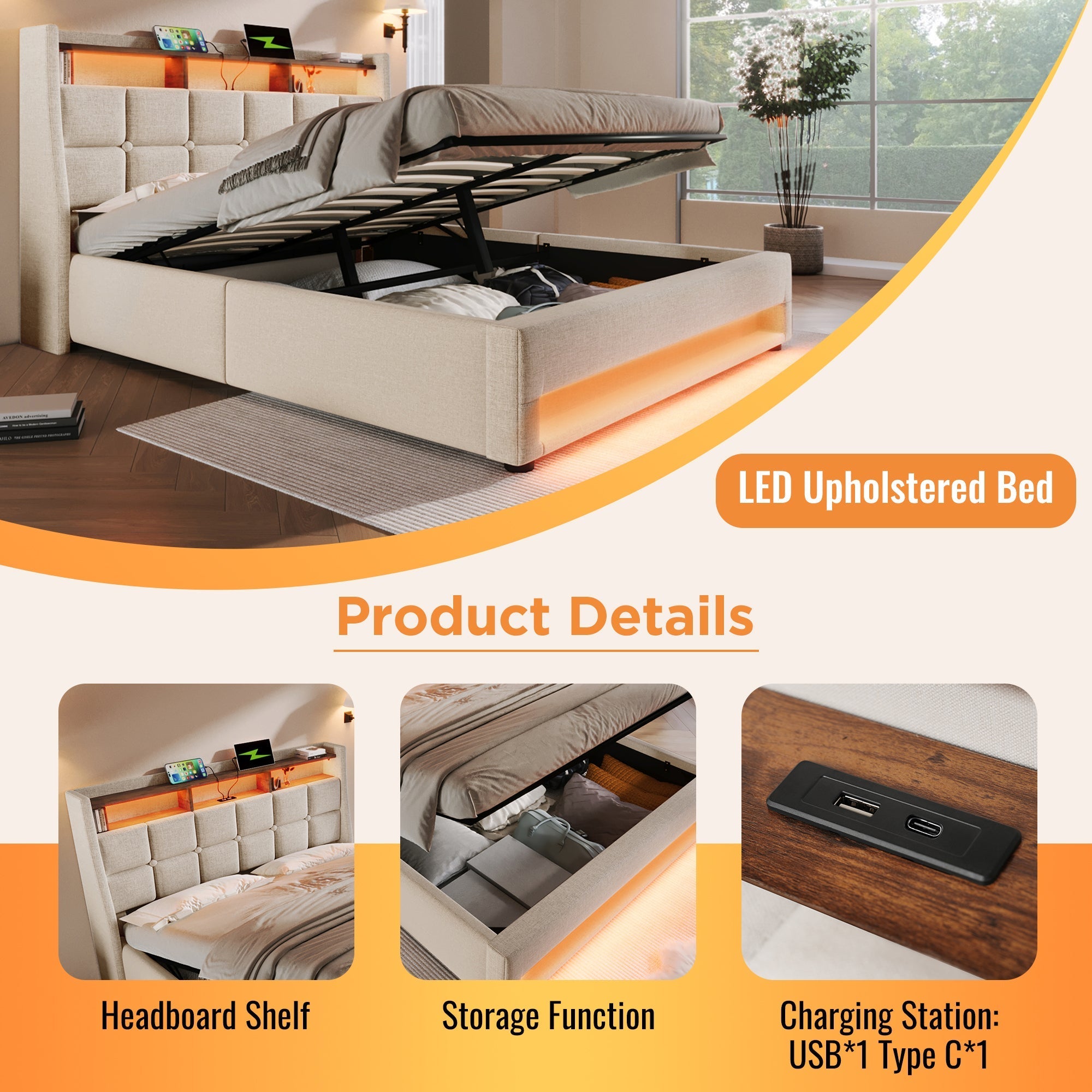 Upholstered Double Bed 4FT6 with LED Lighting, USB Type-C Charging, Storage Headboard, Beige Linen