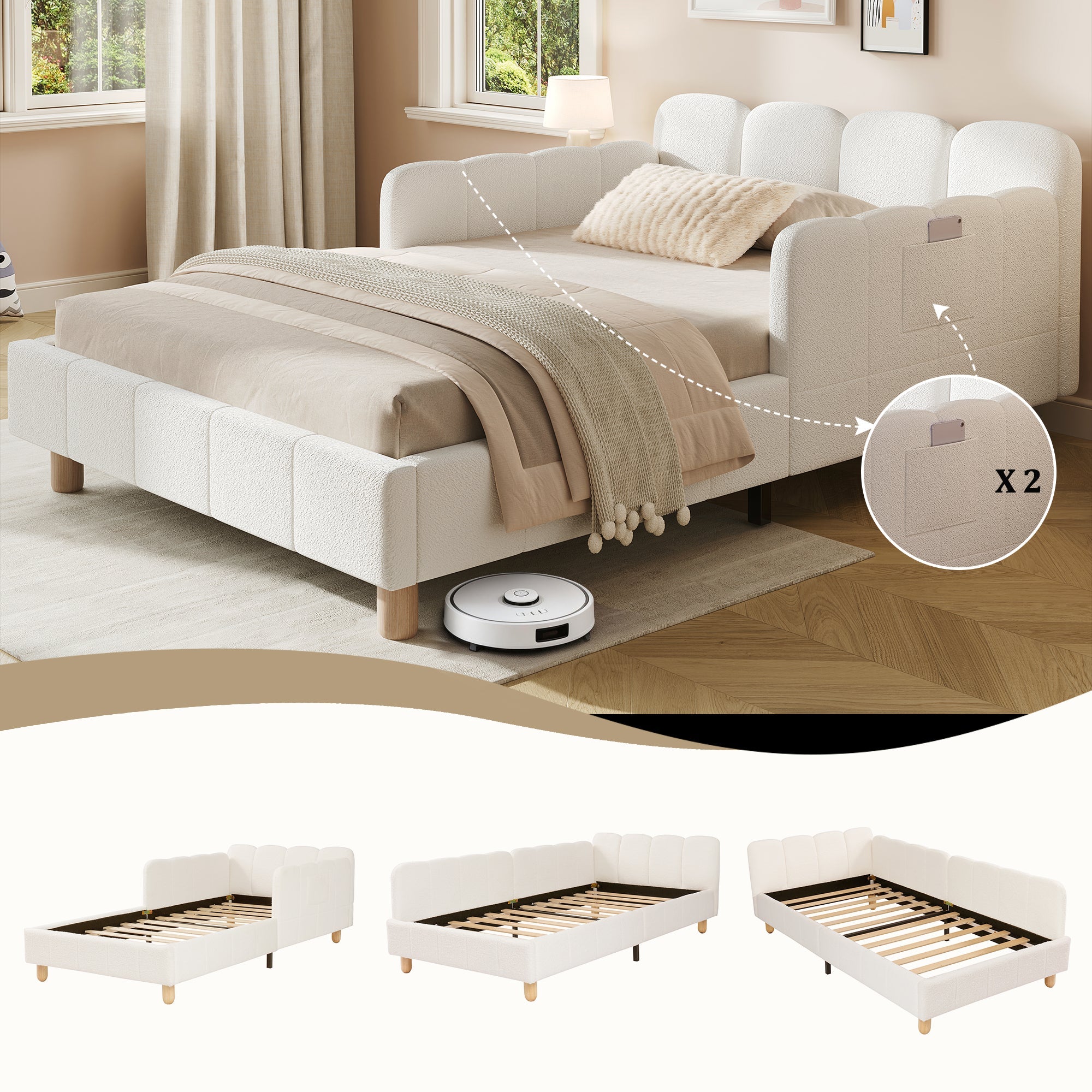 Upholstered Children's Bed, 90x200cm Single Bed with Safety Rail and Solid Wood Legs, Beige Bouclé
