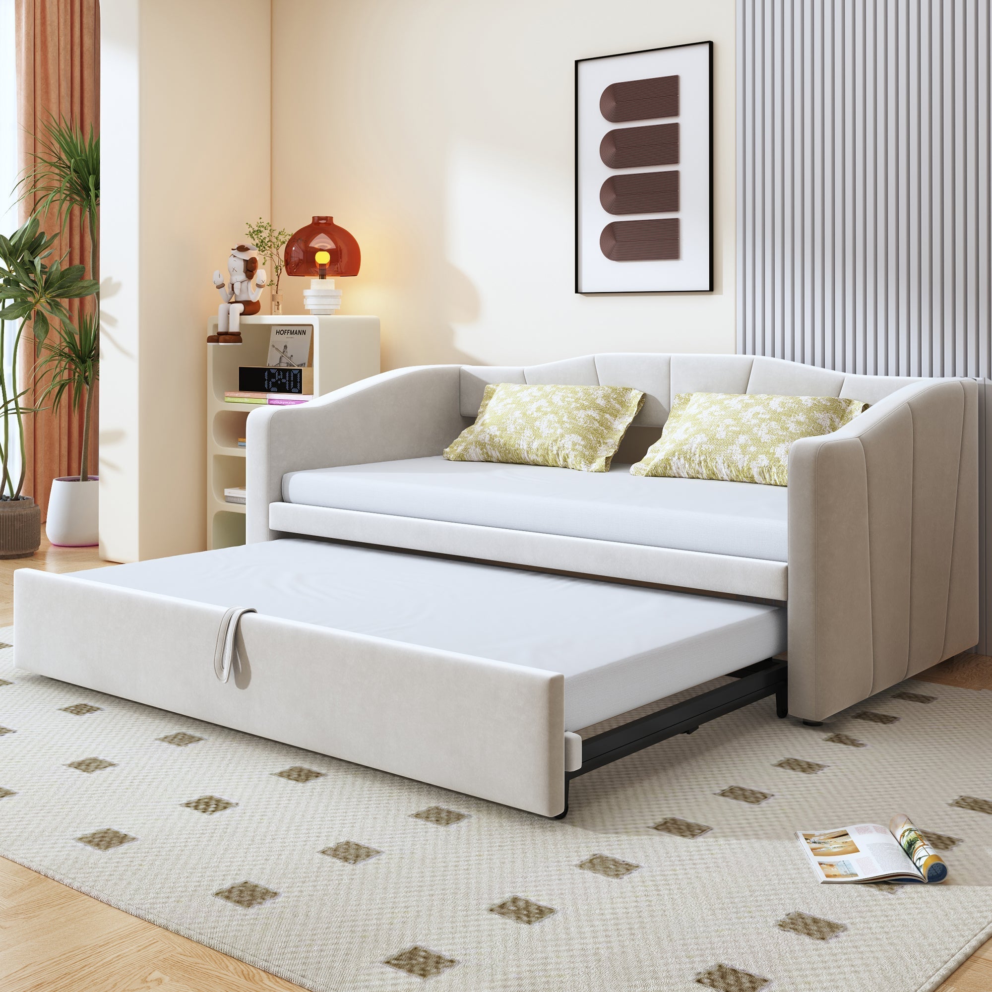 Extendable Daybed 90/180x200cm Multifunctional Slatted Base - Velvet Beige