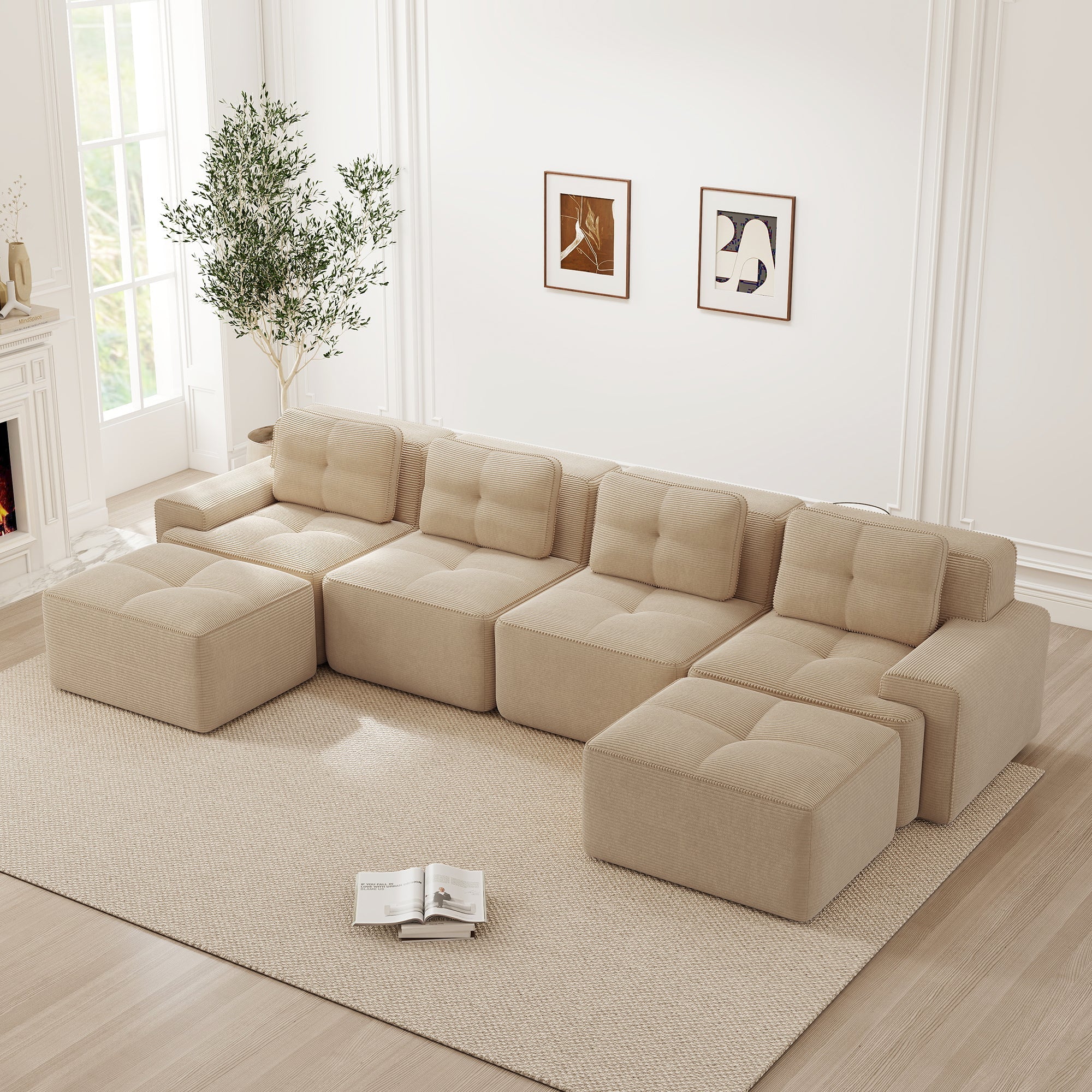 Boneless Modular Sofa U-Shaped Chaise 4-Seater Deep-Seat - Beige