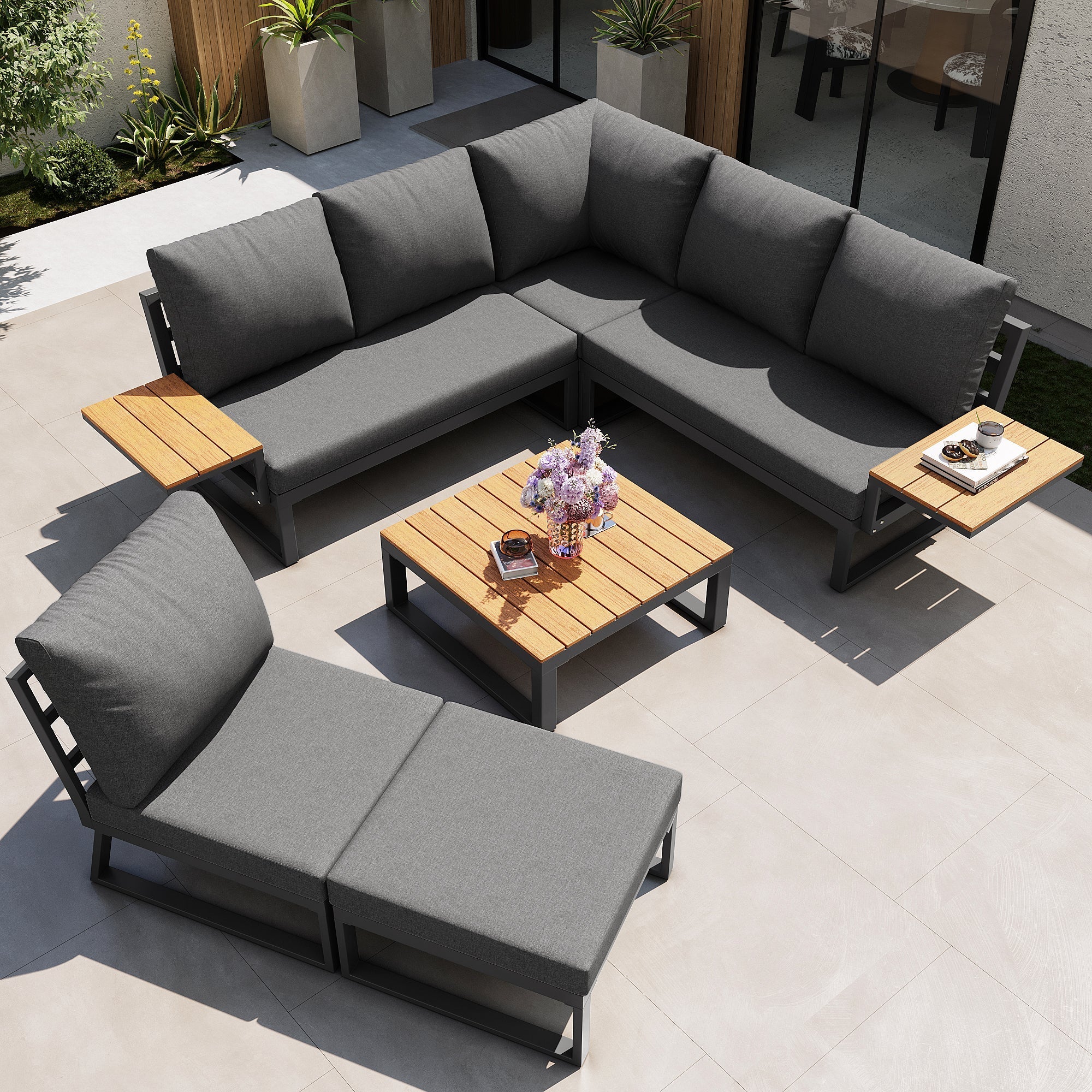 L-shaped Garden Sofa Set Weatherproof 7-Seater Corner Lounger Wooden Armrests Iron Grey/Beige