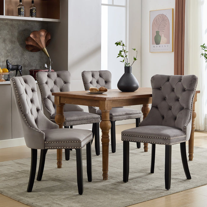 Modern Set of 2 Upholstered Dining Chairs with Button Tufted Velvet, Solid Wood Legs, Riveted Trim, and Knocker Ring, Grey - Clearance