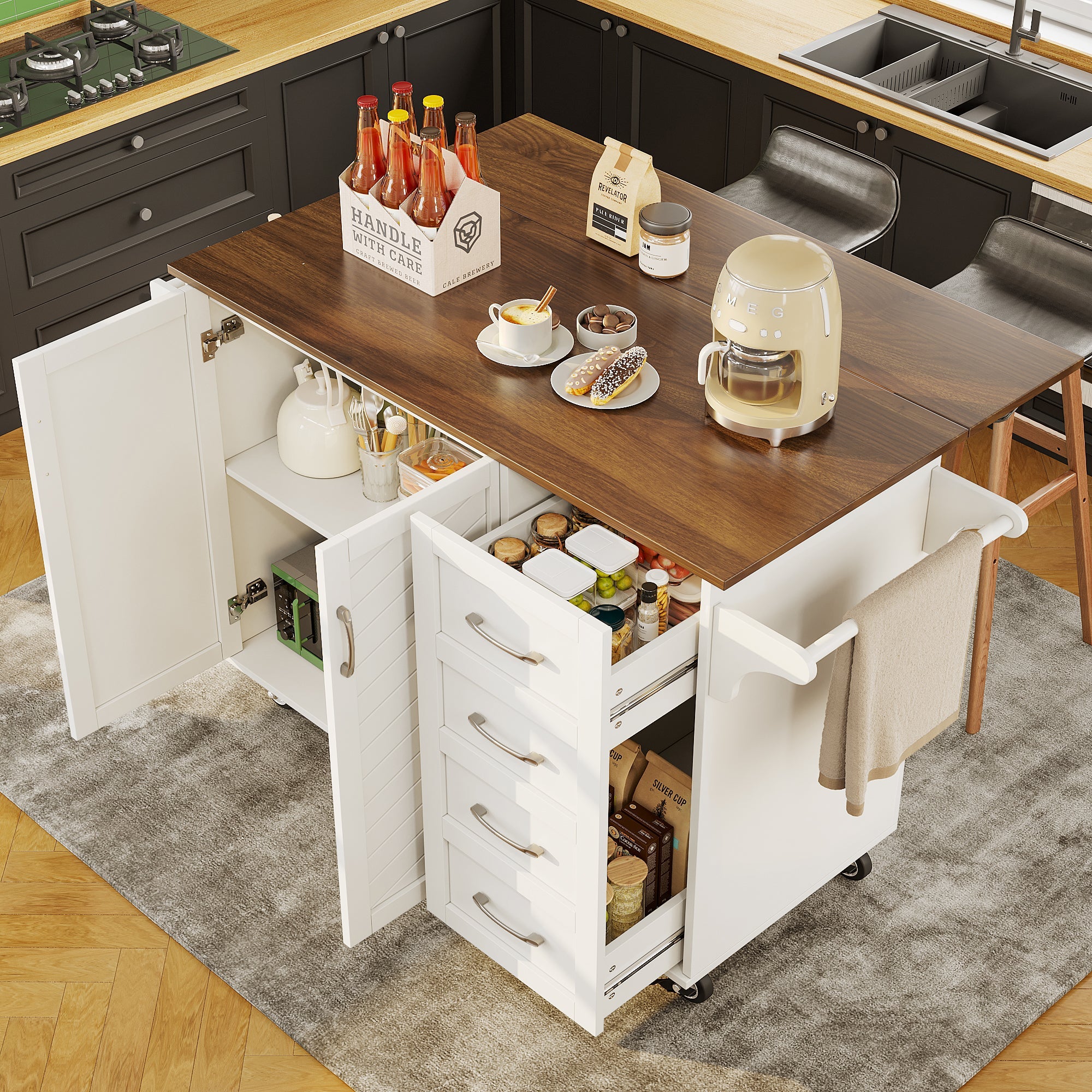 Kitchen Cart with Towel Rail, Spice Rack, Adjustable Dividers, White Wood Grain