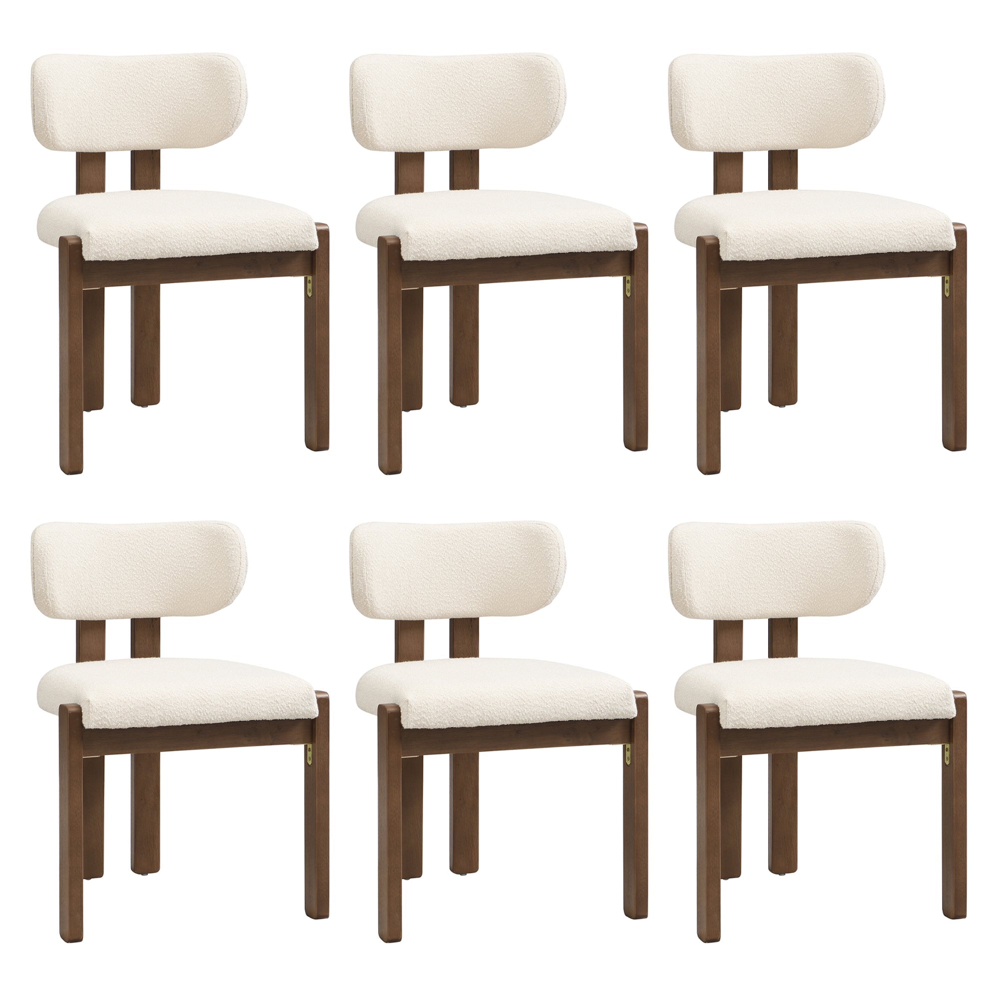 Solid Wood Dining Chairs Set of 6 with Modern Bouclé Fabric, Walnut Finish
