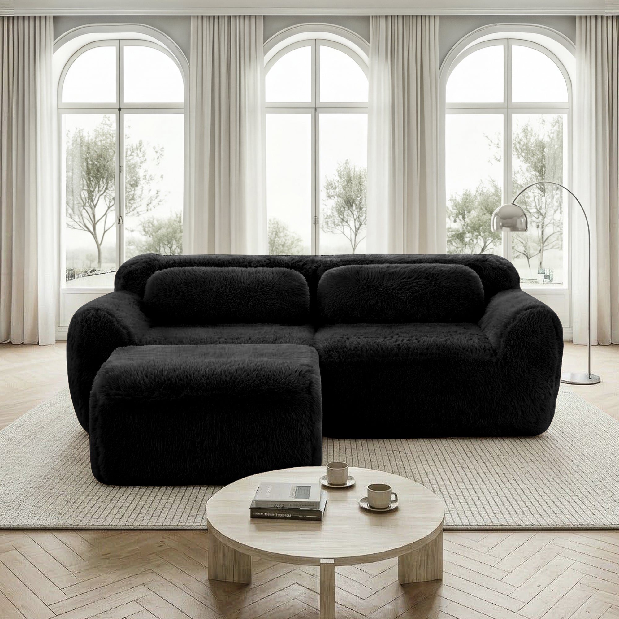 L-shaped 2-seater Sofa Modular Plush Fabric with Cushions - Black