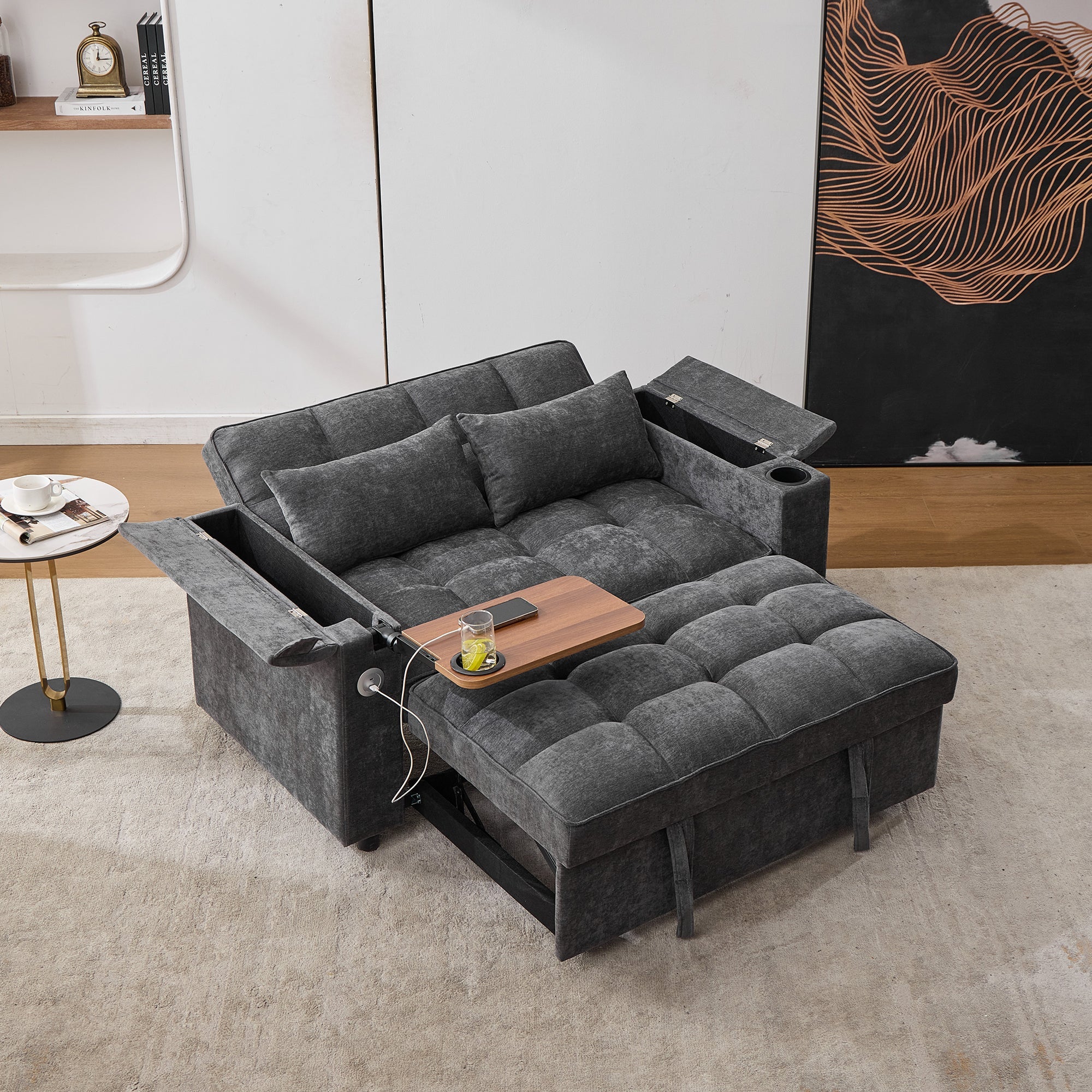 3-in-1 Sleeper Sofa Adjustable USB Hidden Table Cup Holder, Grey