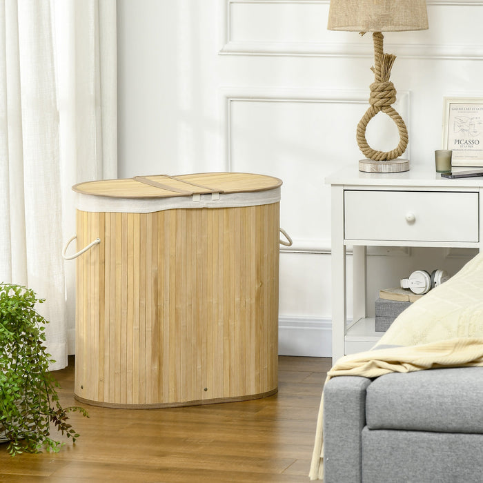 Laundry Basket Sorter 2-Section Removable Lid Natural Bamboo