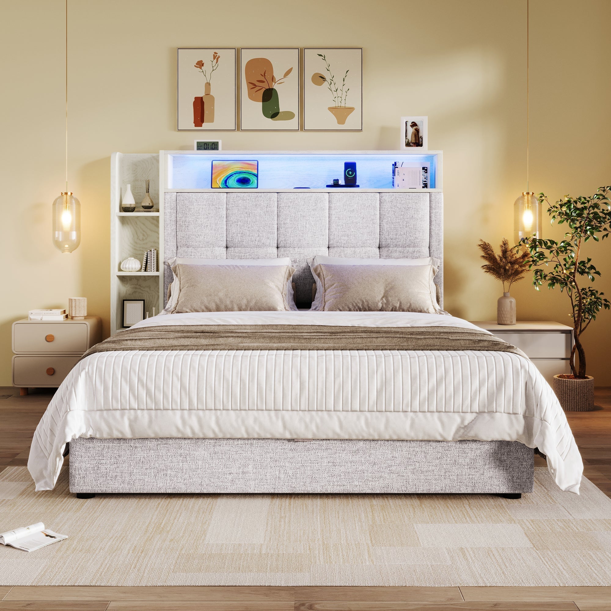 Upholstered Bed 90x200cm Multifunctional Storage LED USB/Type-C App Control - Linen Beige