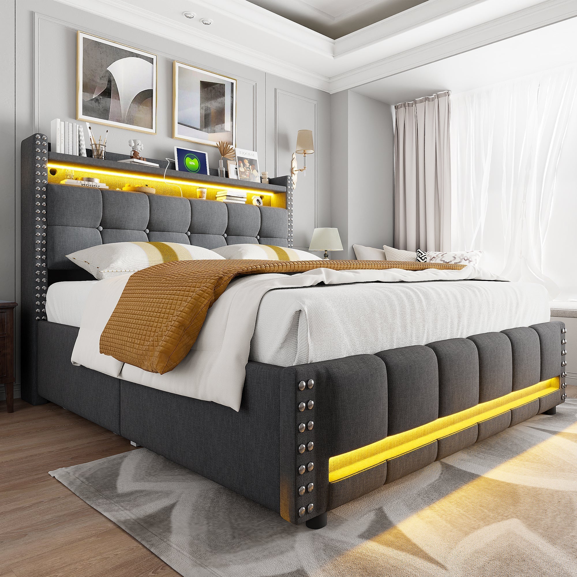 Upholstered Bed with LED, USB, Shelves & 4 Drawers, Gray Linen