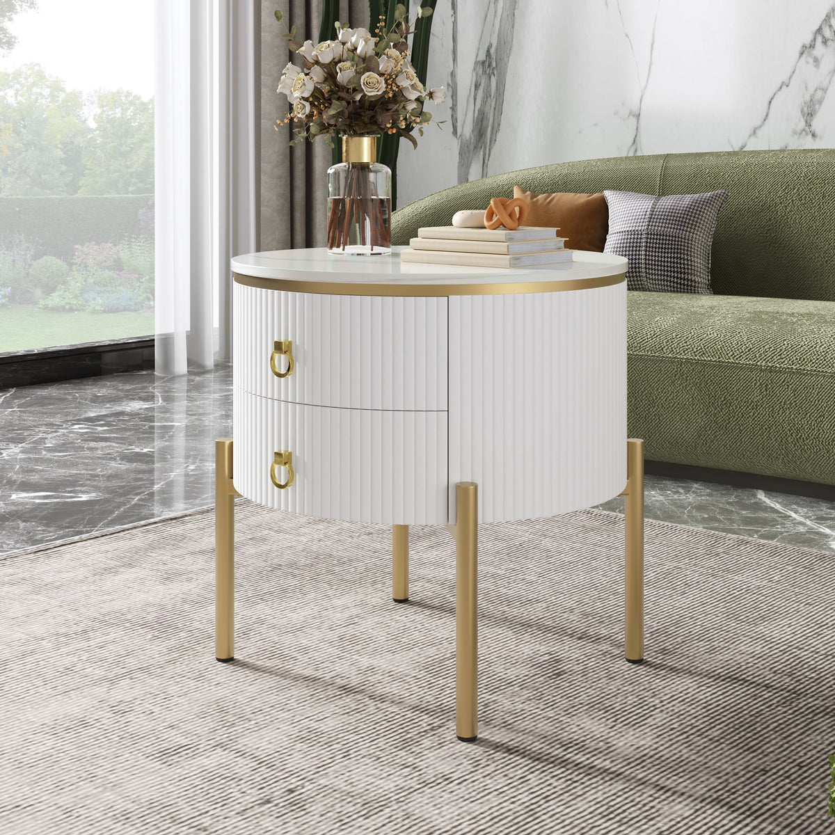 Side Table Coffee Table with Drawers, Adjustable, Gold Legs and Handles, Marble Texture