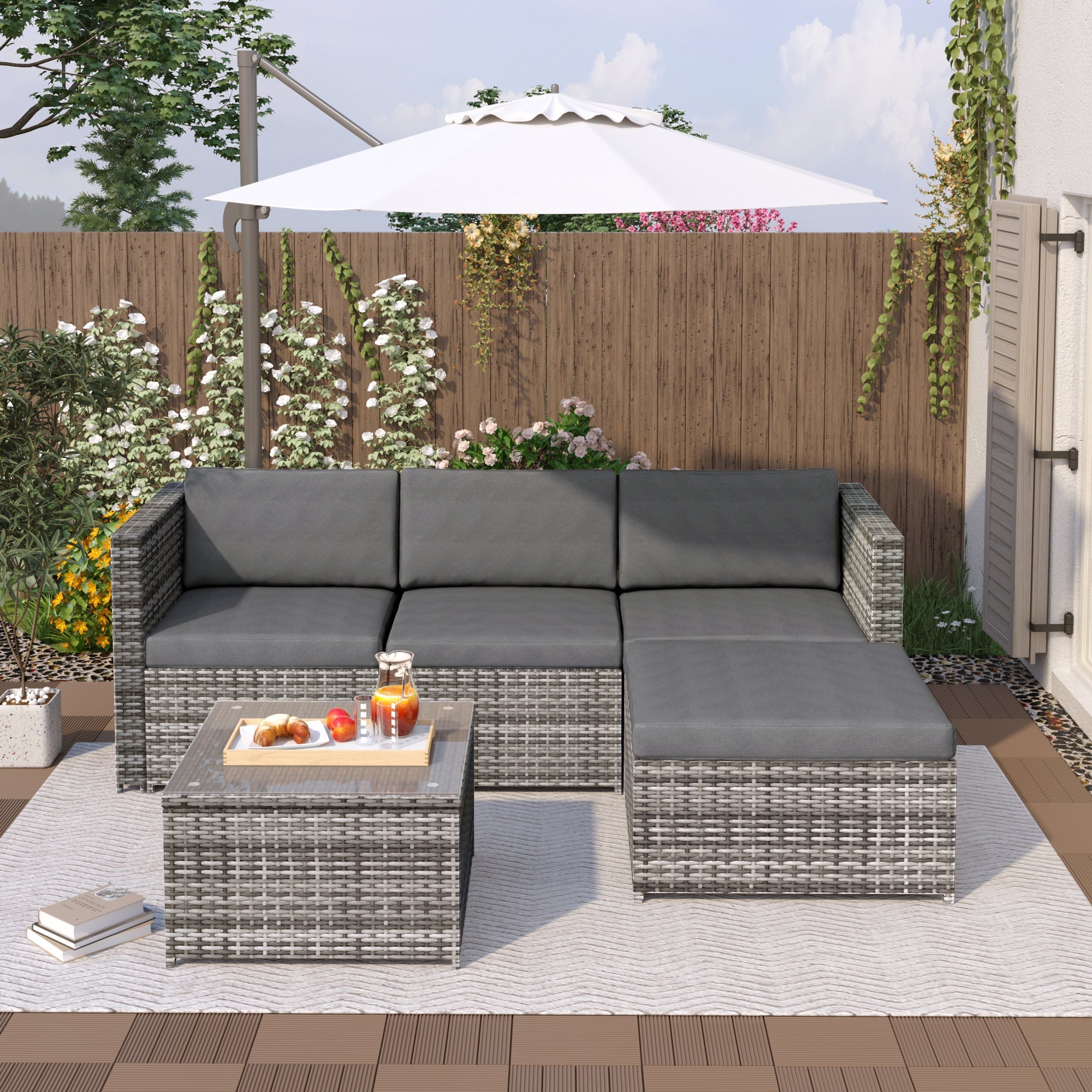 Lounge Sofa Set with Corner Sofa, Cushions and Glass Top Table, Grey Polyrattan
