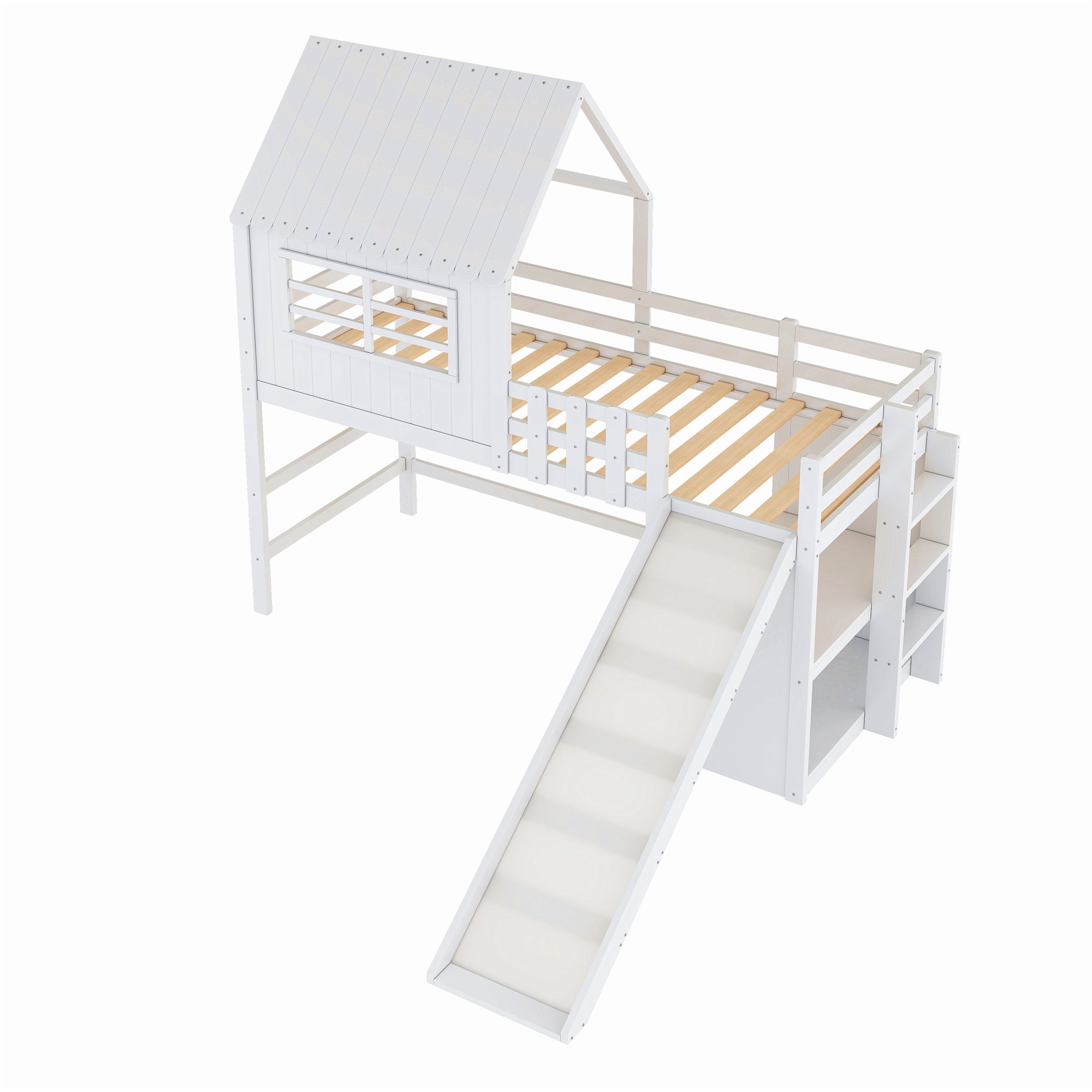 Children's Bed 90x200cm, Attic Design with Ladder, Slide & Storage, Solid Wood, White