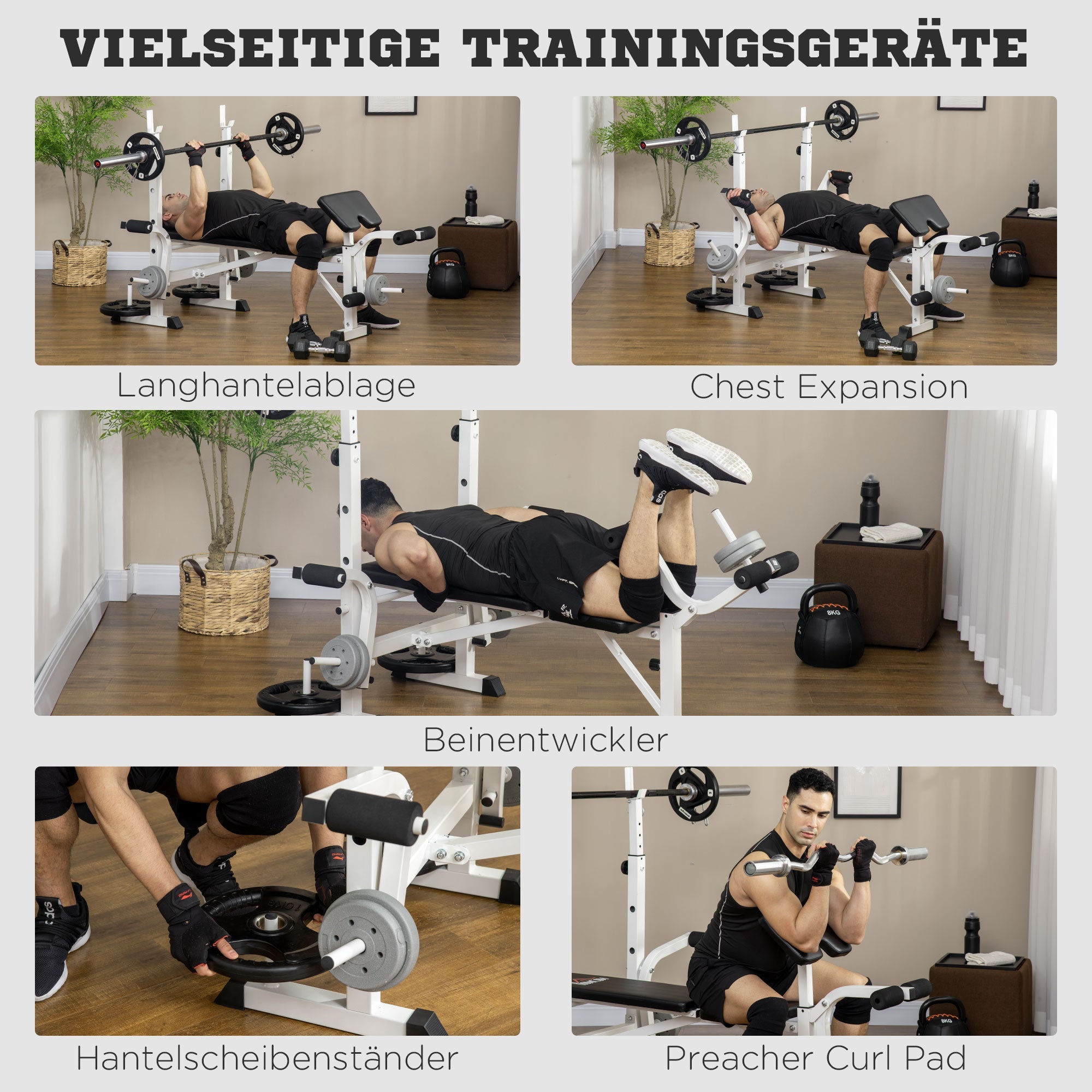 Weight Bench with Leg Press, Barbell Rack, and Armrests, Black and White