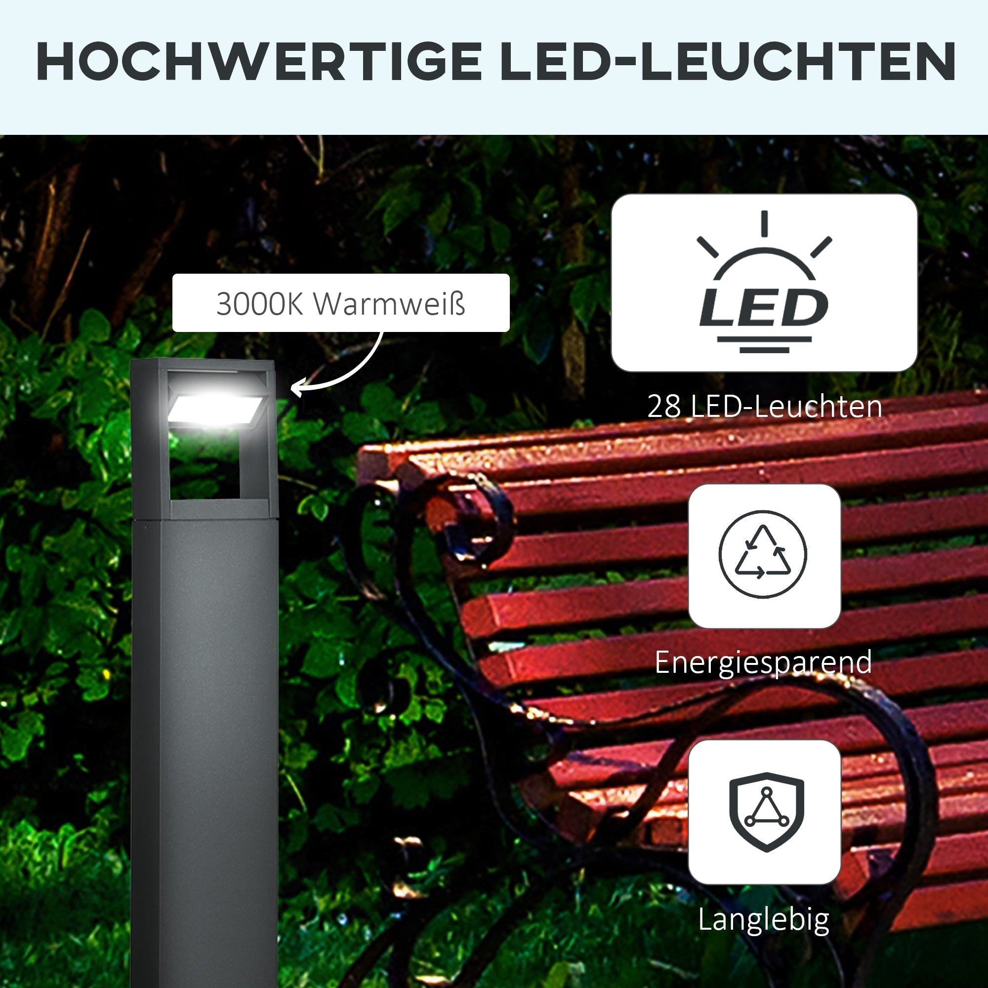 Gartenleuchte, Warmweiße LED-Poller-Wegeleuchte, IP65 Wasserdicht, Dunkelgraues Aluminium