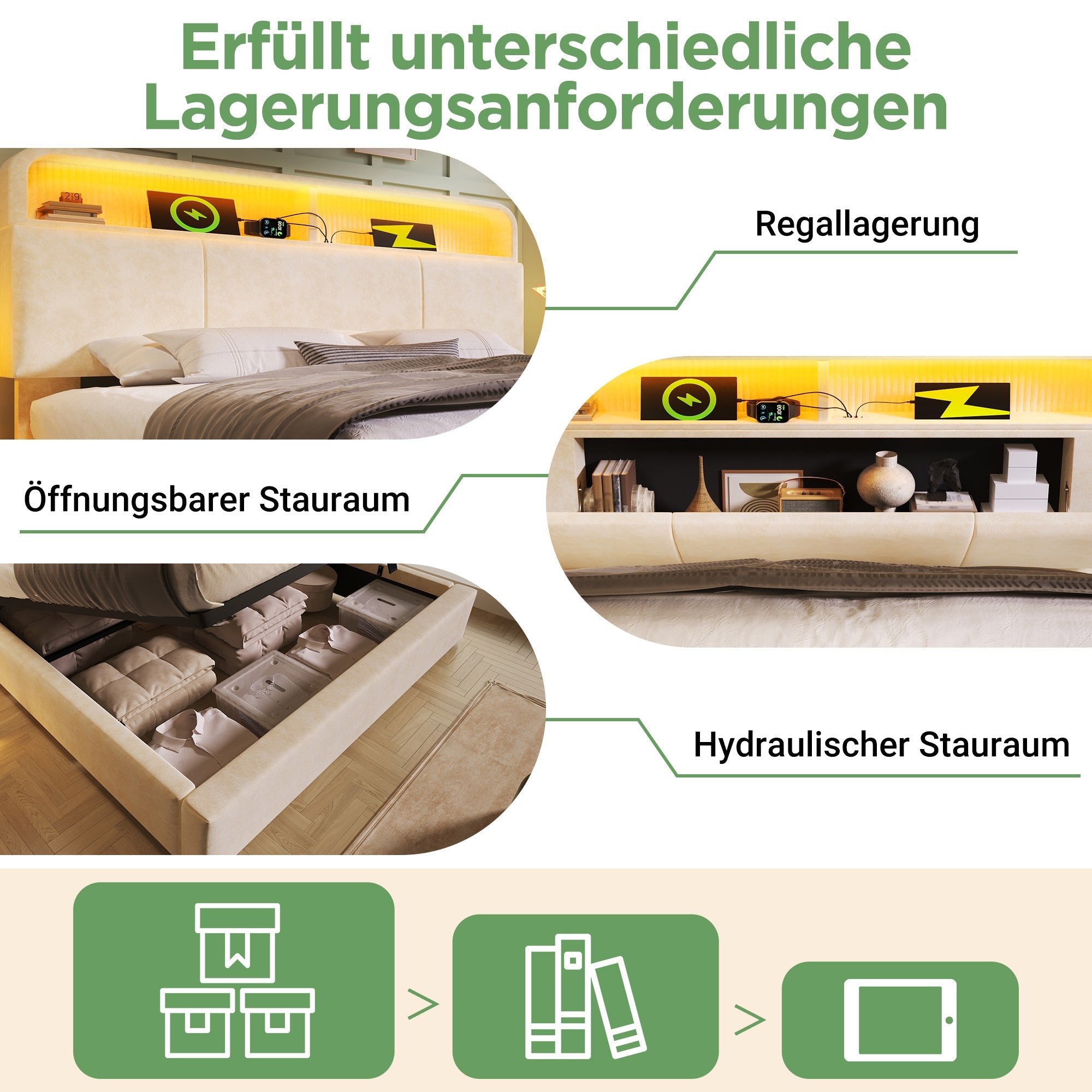 Upholstered Double Bed with Hydraulic Storage, LED, and USB Charging, 140x190cm, Beige Velvet