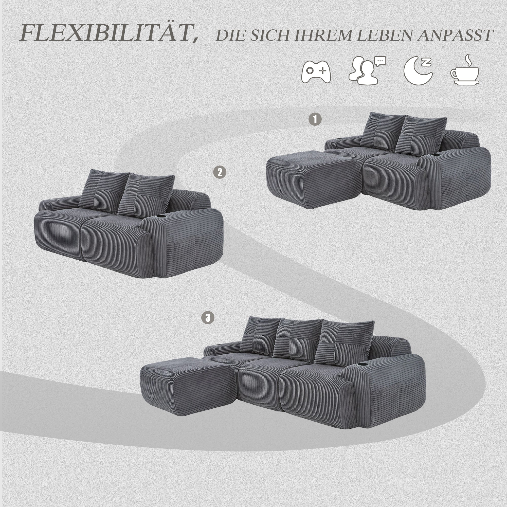 3-Seater Modular Corduroy Sofa with Ottomans, Cup Holders and Storage, Dark Grey