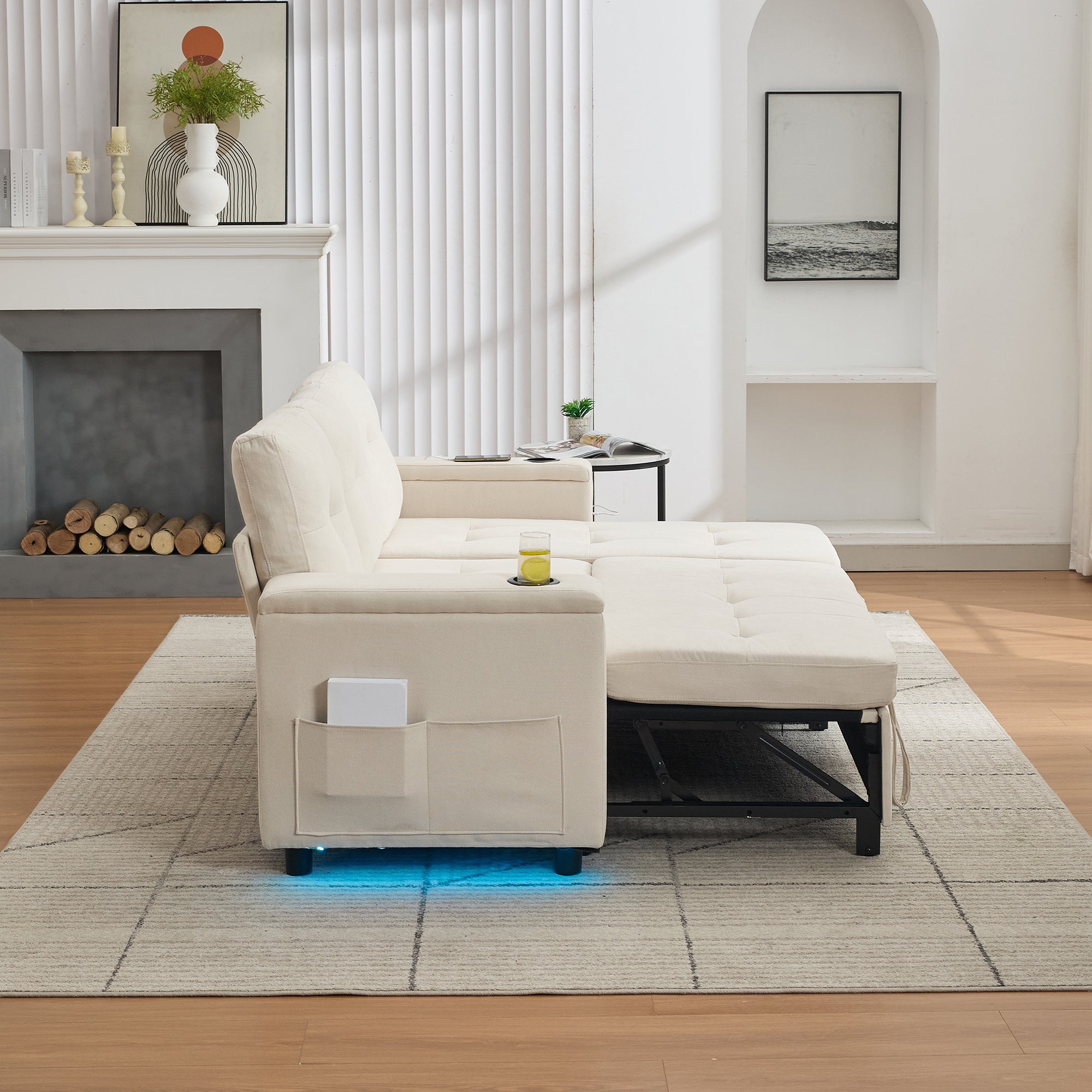 Treviso L-Shaped Sofa Bed 3-Seater Fold-Out Hidden Storage LED Strip Beige