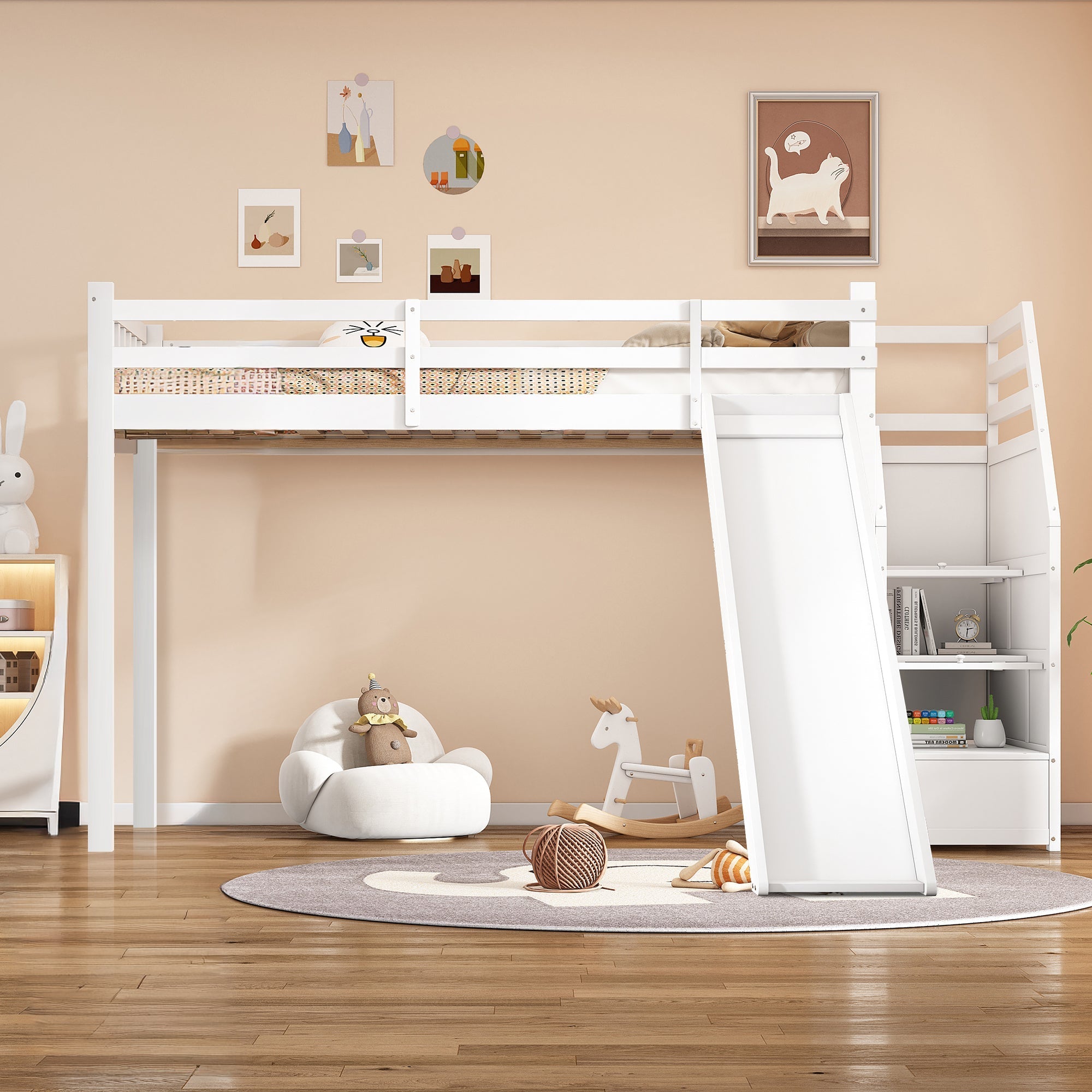 Bunk Bed 90x200cm Slide Removable Railing Storage Ladder - White