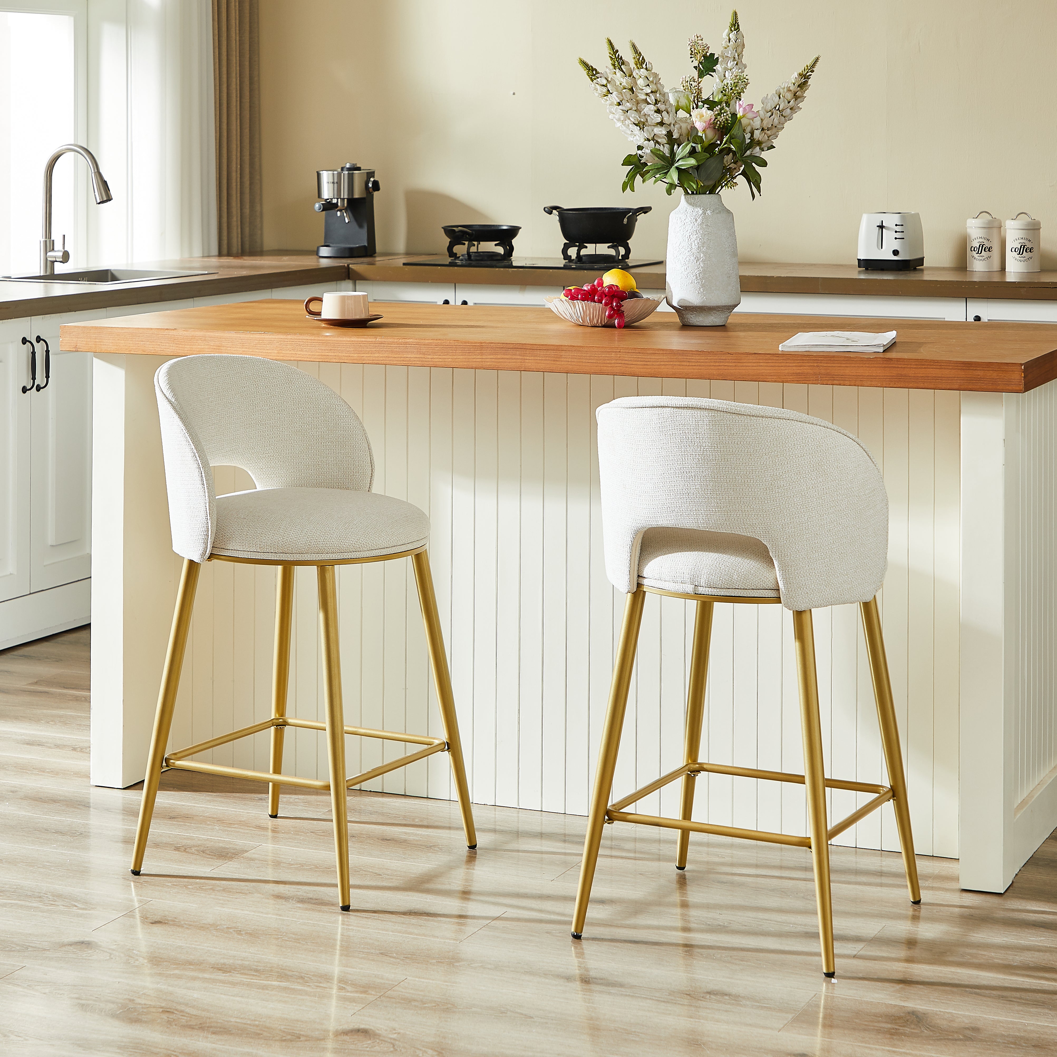 Bar Stool Modern Open Back Padded - Gold Metal Set of 2