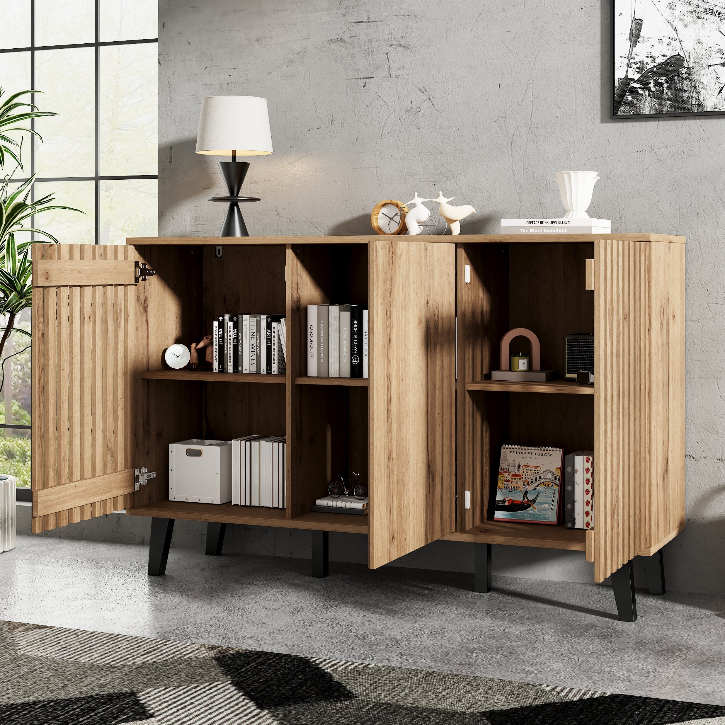 Side Cabinet 150x40x95cm, 3-Door 6 Storage Compartments, Sideboard Table