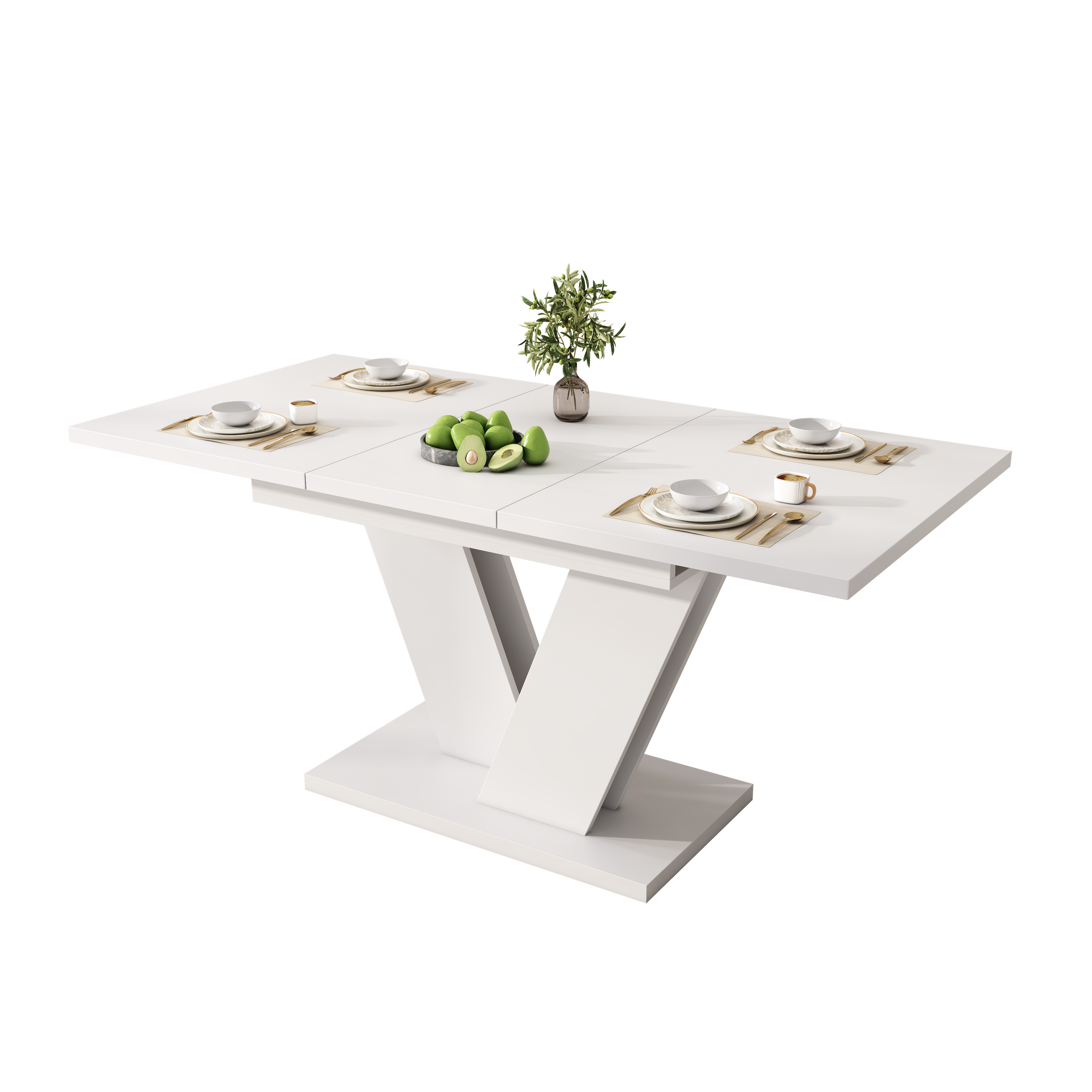 Extendable Dining Table, Rectangular V-Leg for 4-6 People, White