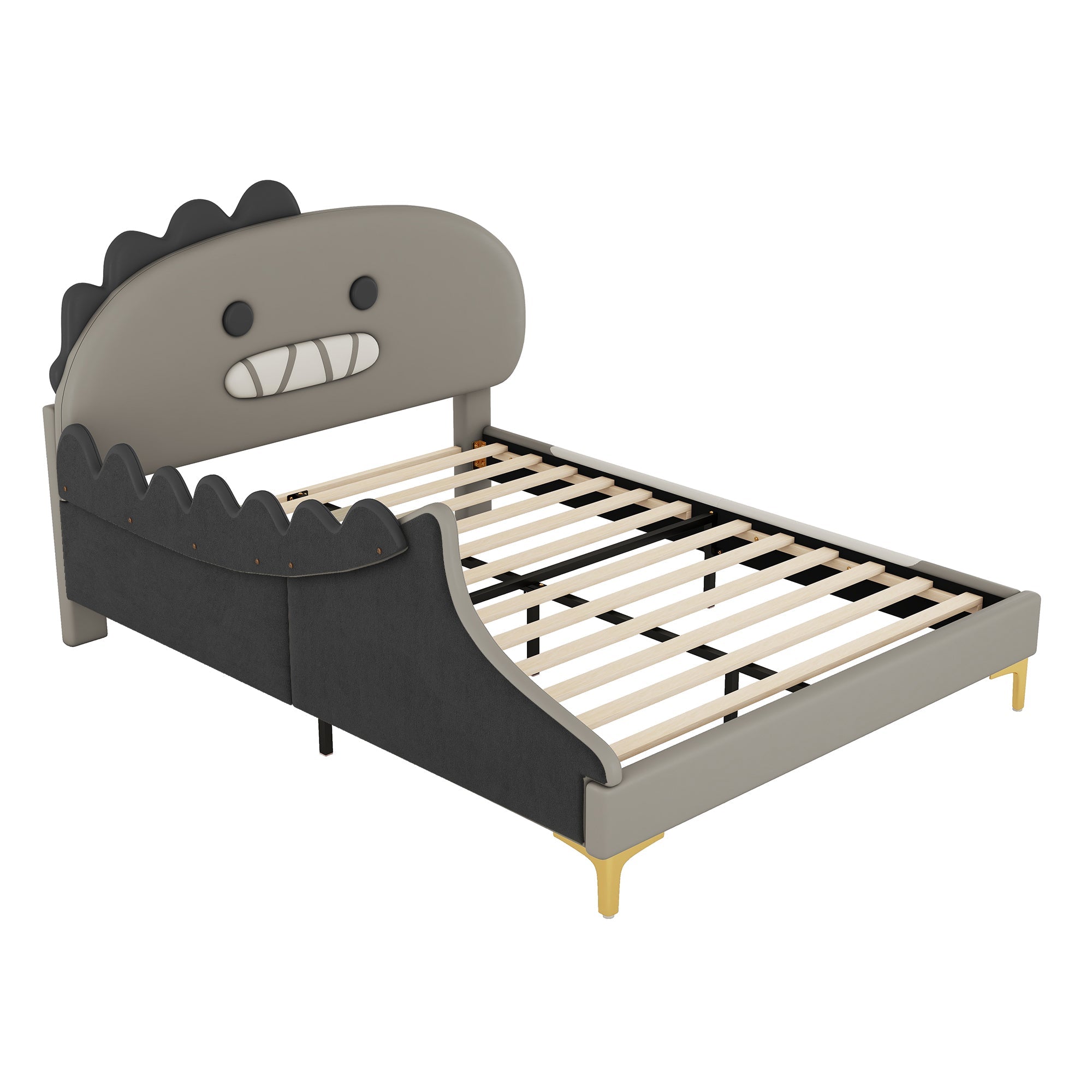 Children's Bed, 140x200cm Flat Bed Cartoon Dinosaur Shape, Grey PU Material