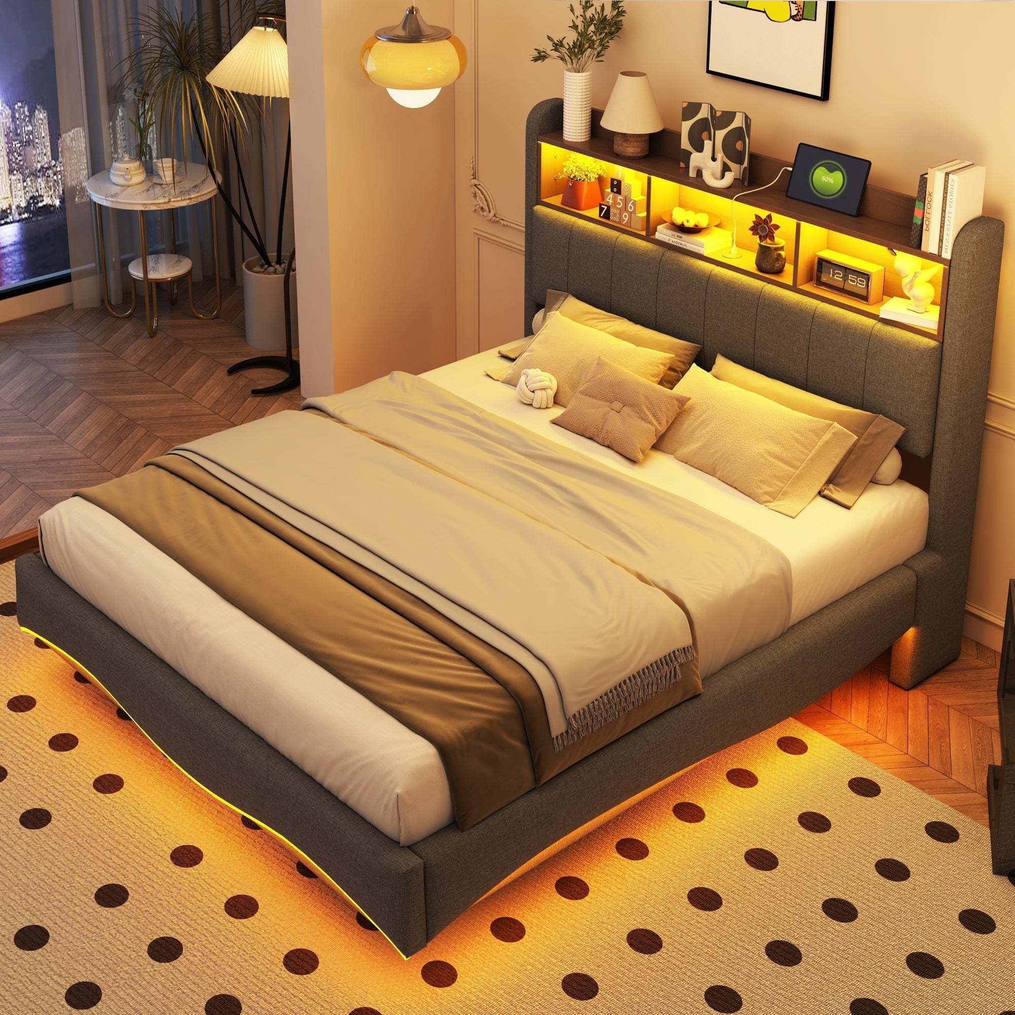 Upholstered Bed with LED Lighting, USB & Type-C Ports, and Headboard Storage, Grey