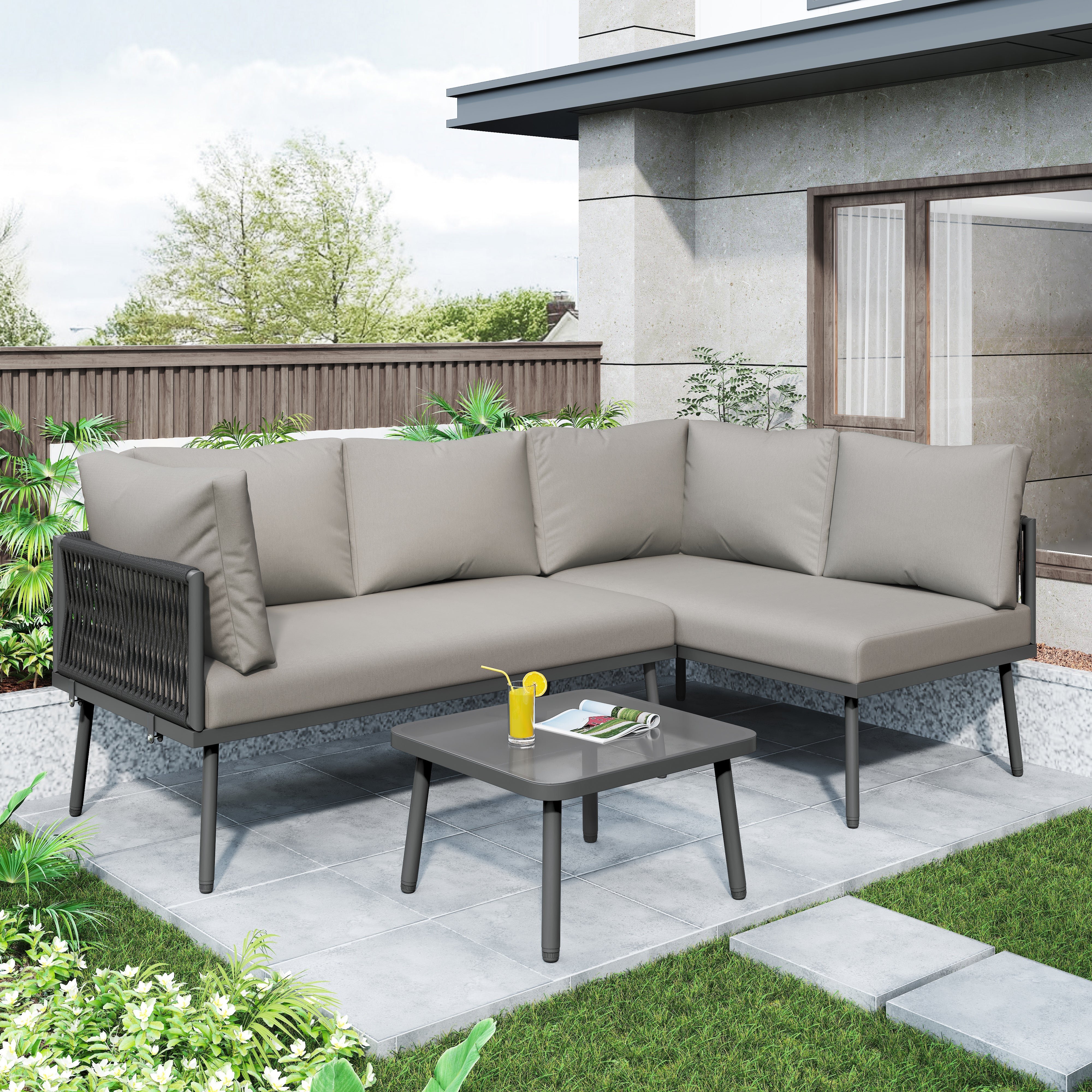 Garden Lounge Set L-Shaped 2 Sofas 1 Table Adjustable Feet Grey Rope/Iron