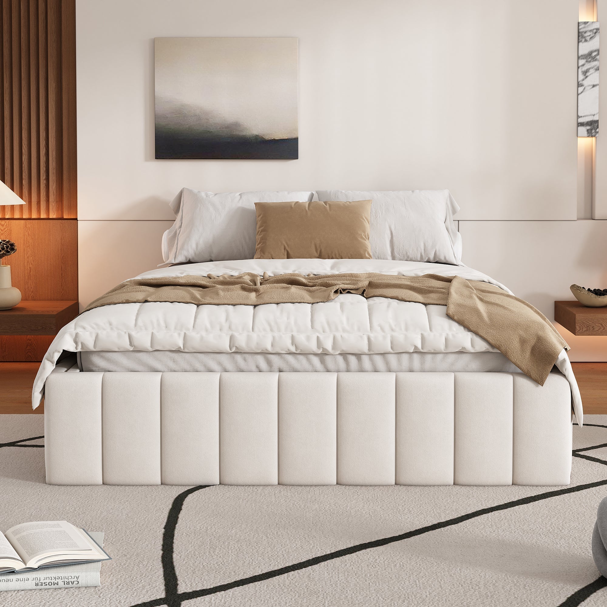 Upholstered Bed 140x200cm with Slatted Base and 4 Storage Drawers, Beige Velvet