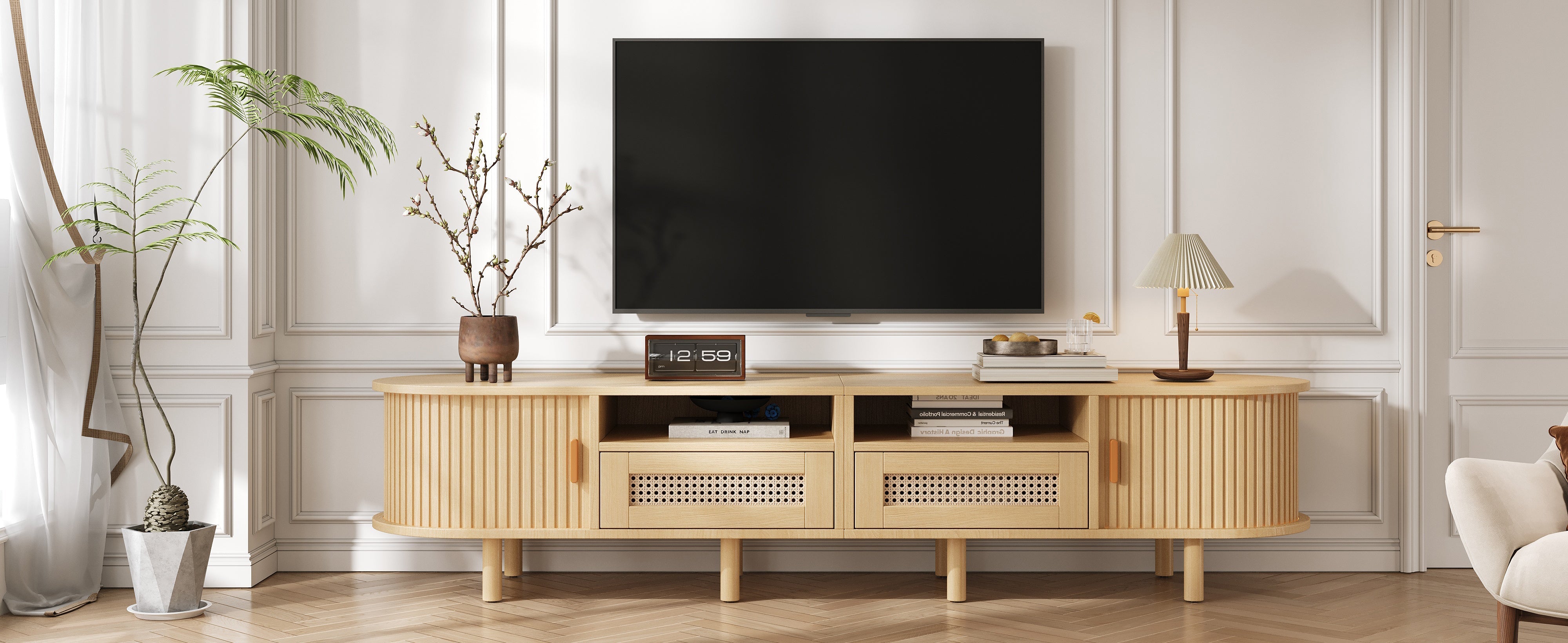 Oval TV Stand for 70 Inches, 2 Rattan Drawers, 2 Sliding Doors, Wood Color