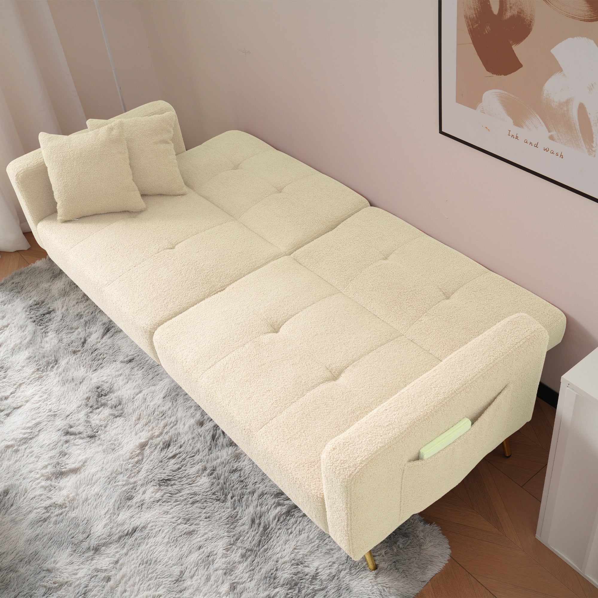 Sofa Bed with Adjustable Backrest, Bed Function, and Storage Pockets, Gold Legs
