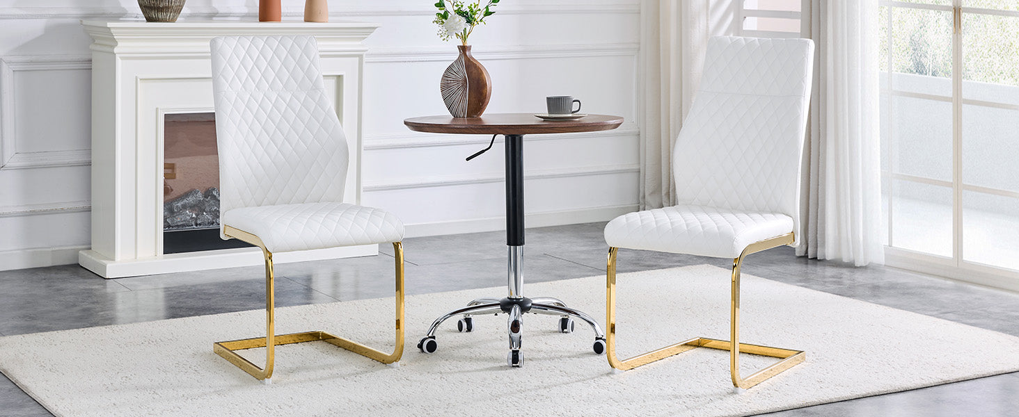 Dining Chair Set of 2, High Backrest and Padded Cushion with Diamond Pattern, White and Gold Metal