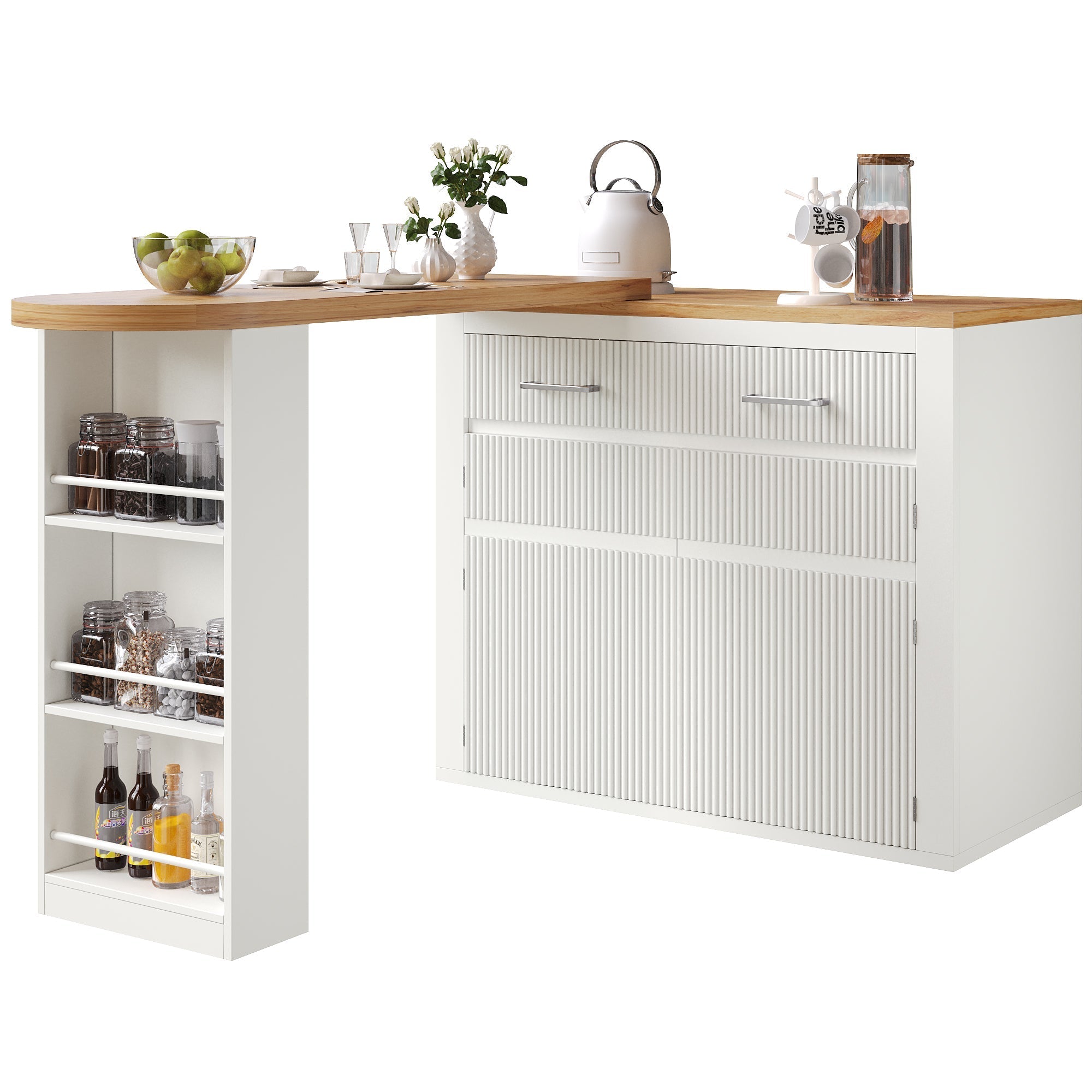 Extendable Bar Table Telescopic Movable Storage Drawer Shelves - White