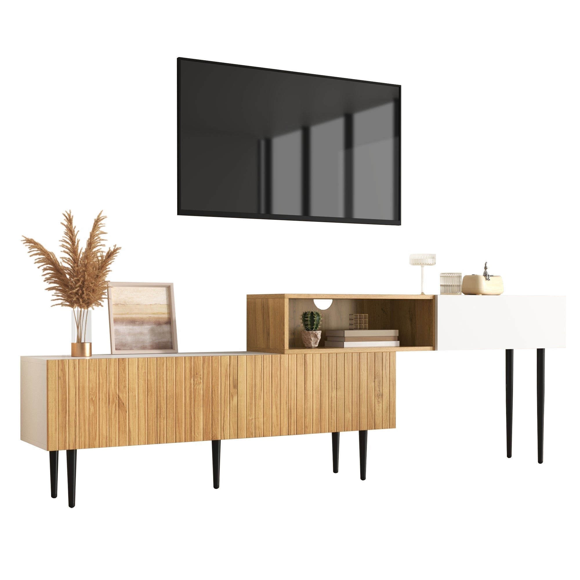 Modern TV Cabinet, adjustable length, modular 2-piece, wood look + matt white, black metal legs
