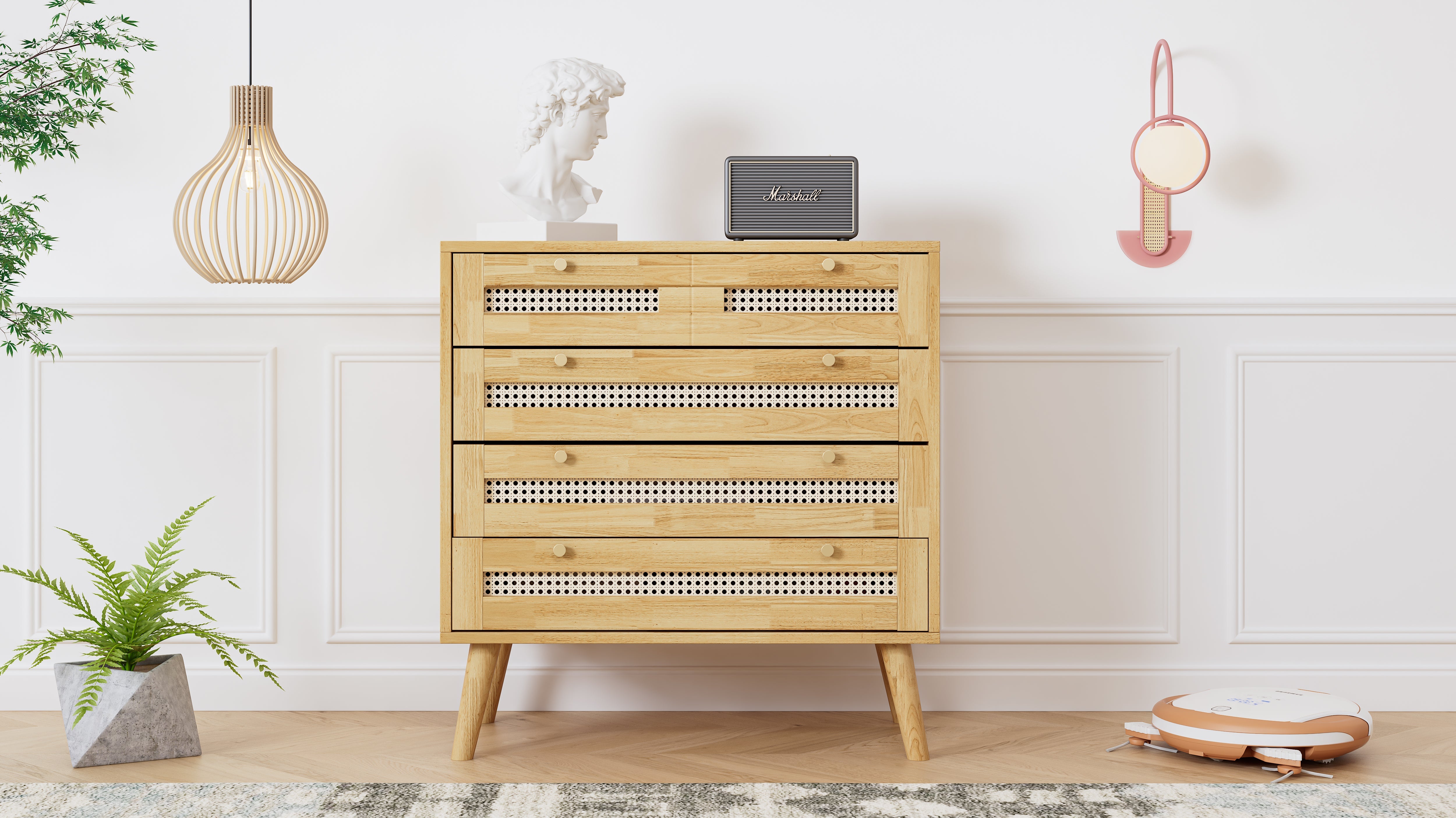 Classic chest of drawers with 3 drawers, rattan drawer top, gold metal handle, wooden legs, chipboard