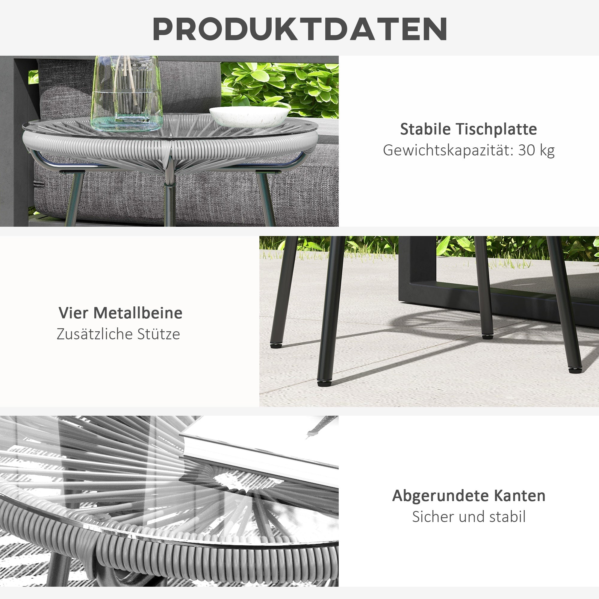 Rattan Table Round Glass Top 50x50x50cm Black/Grey