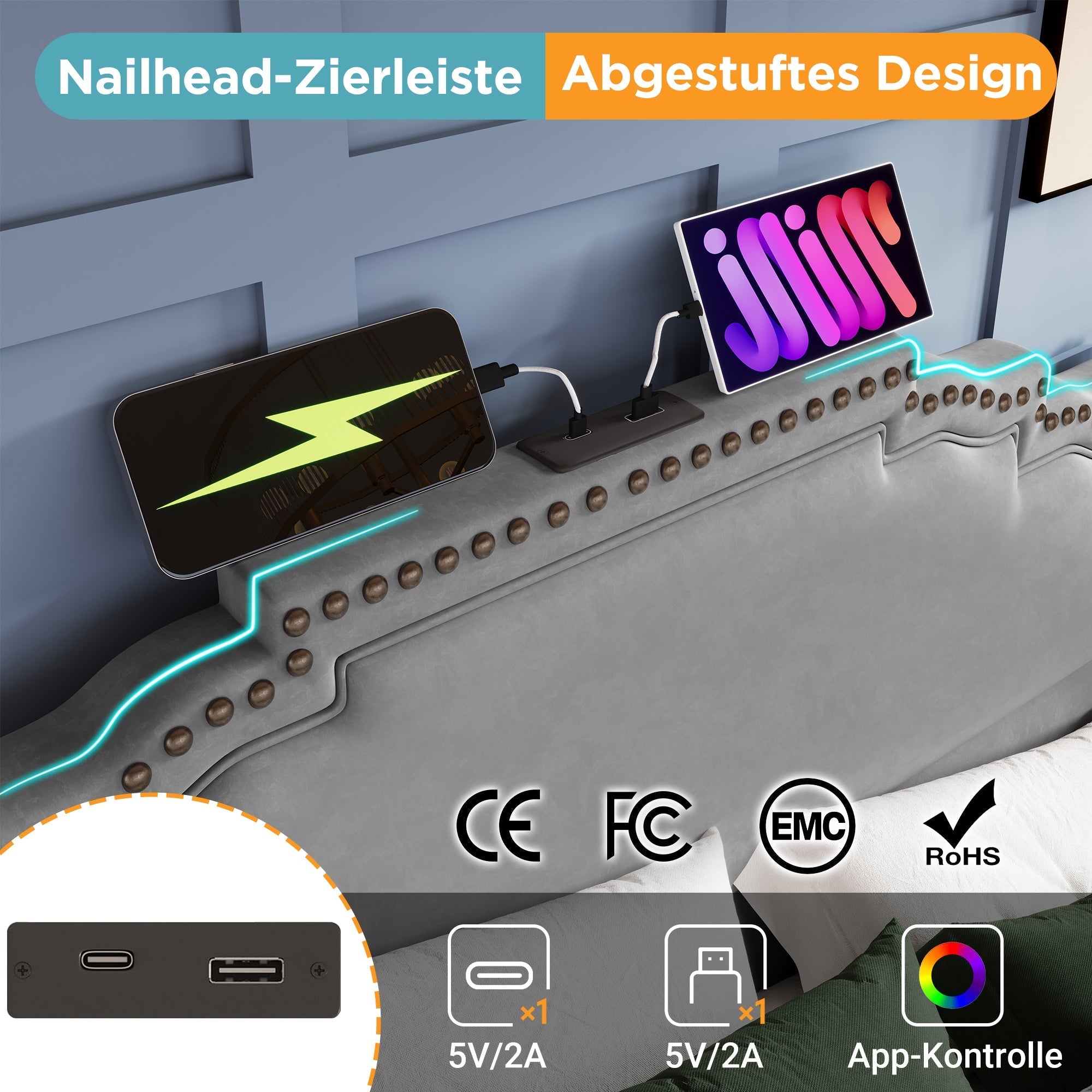 Upholstered Bed, 160x200 Double with 4 Drawers, LED & USB-C, Velvet Grey