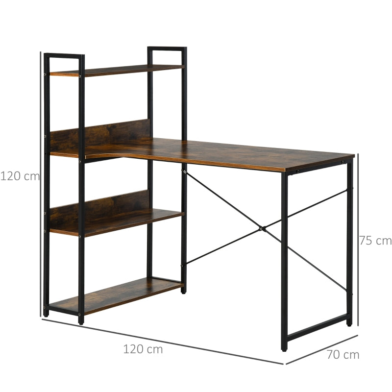 Office Desk, 120 CM with Storage Shelves and Metal Frame, Rustic Brown