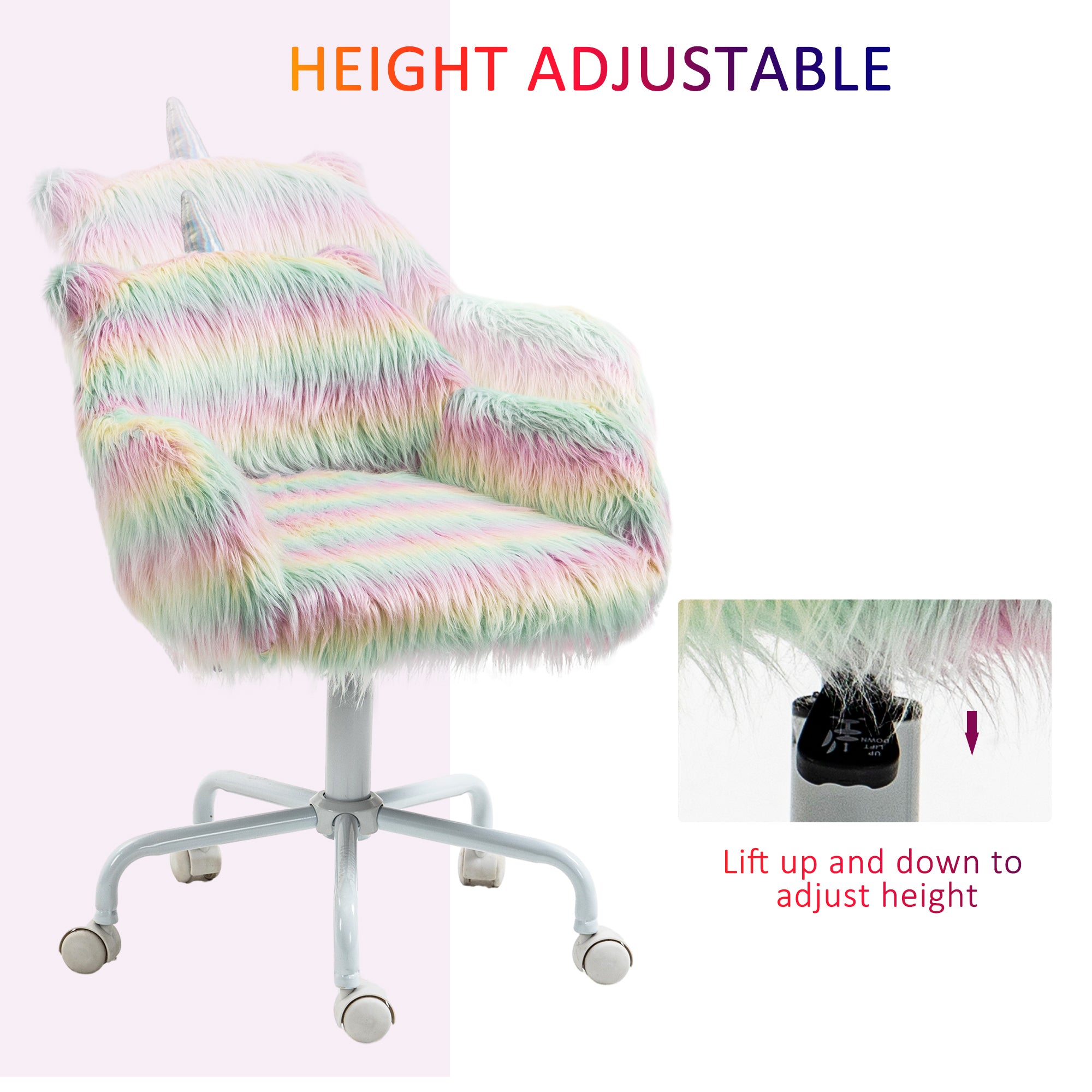 Unicorn Office Chair, Height Adjustable Fluffy Desk Chair, Multicolor Polyester