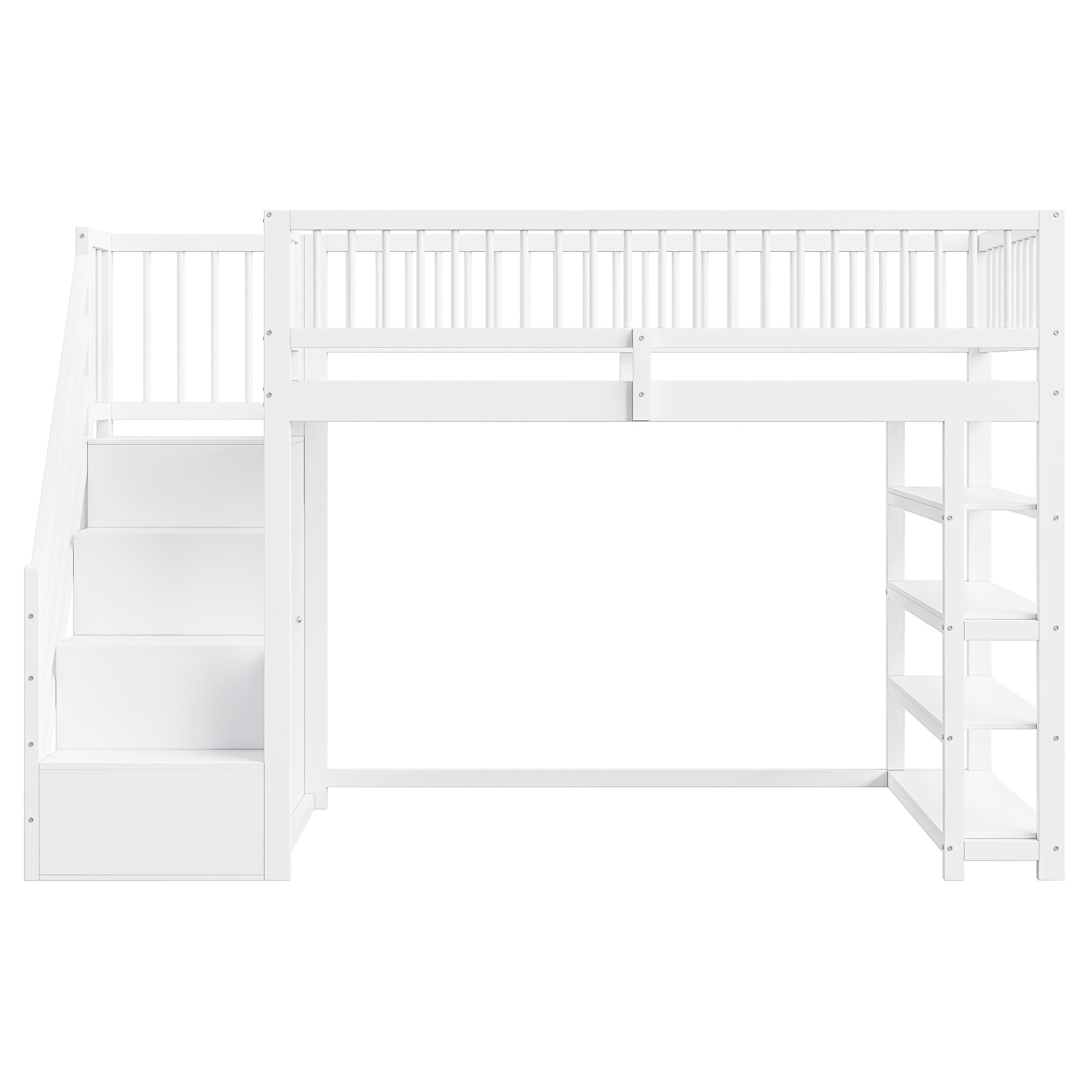 Loft Bed, 90x200 Multifunctional with Wardrobe, Shelves, Ladder, Solid Wood, White