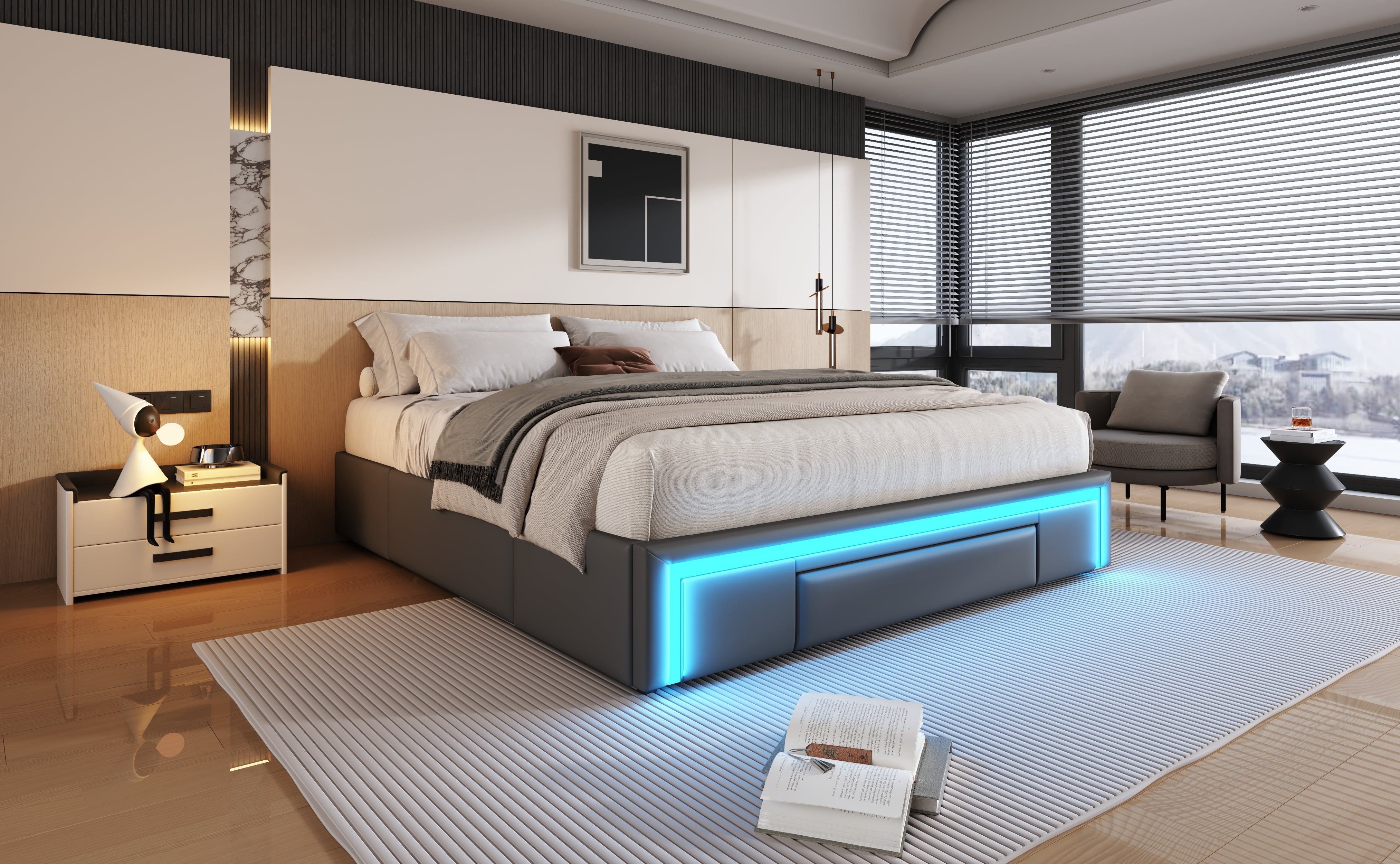 Bed Frame 160x200 with Drawers, LED Light Bar, Metal Slatted Platform, PU Leather Gray